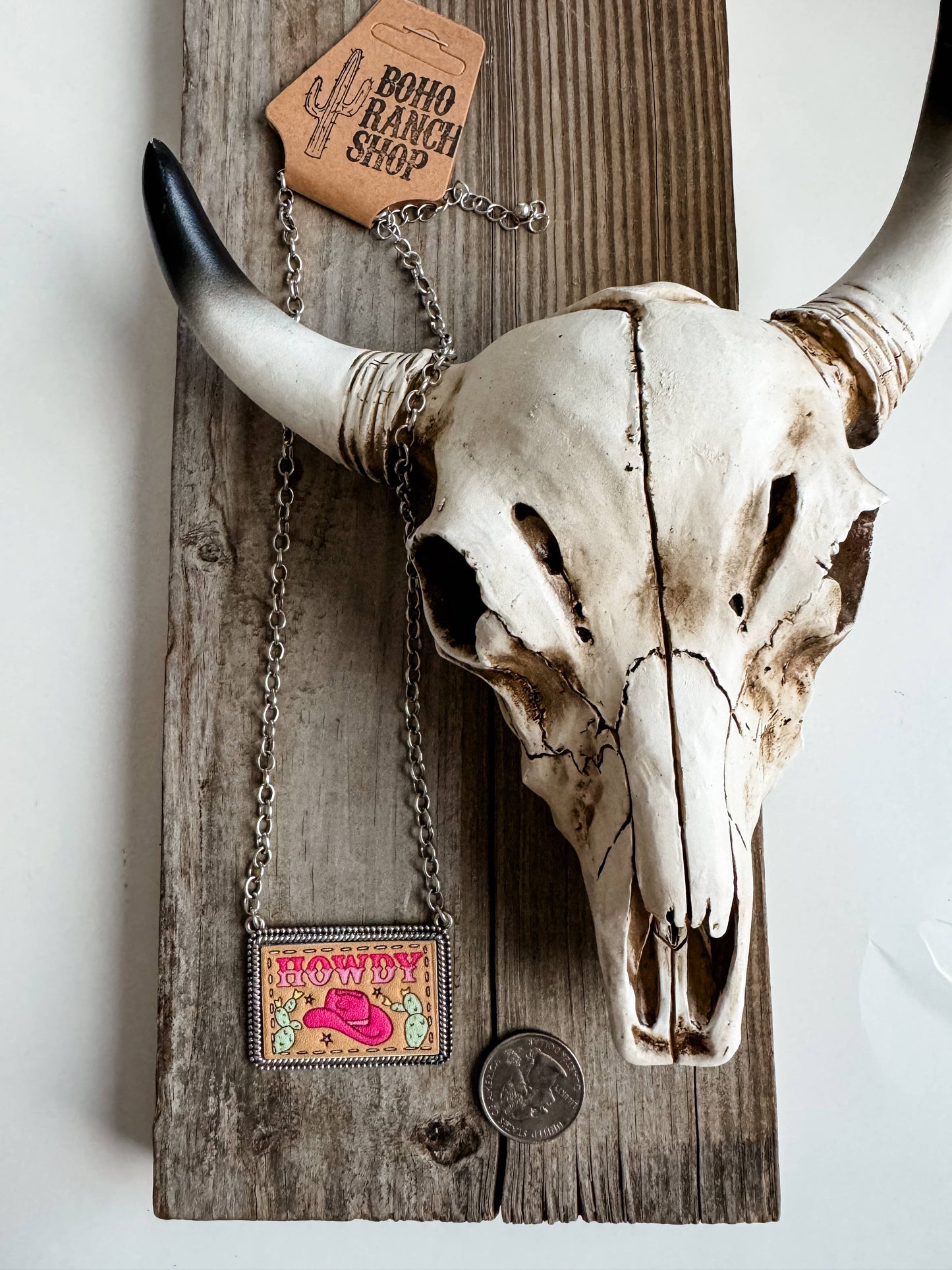 Western Tooled Leather Necklace - Square Howdy | Oval Concho