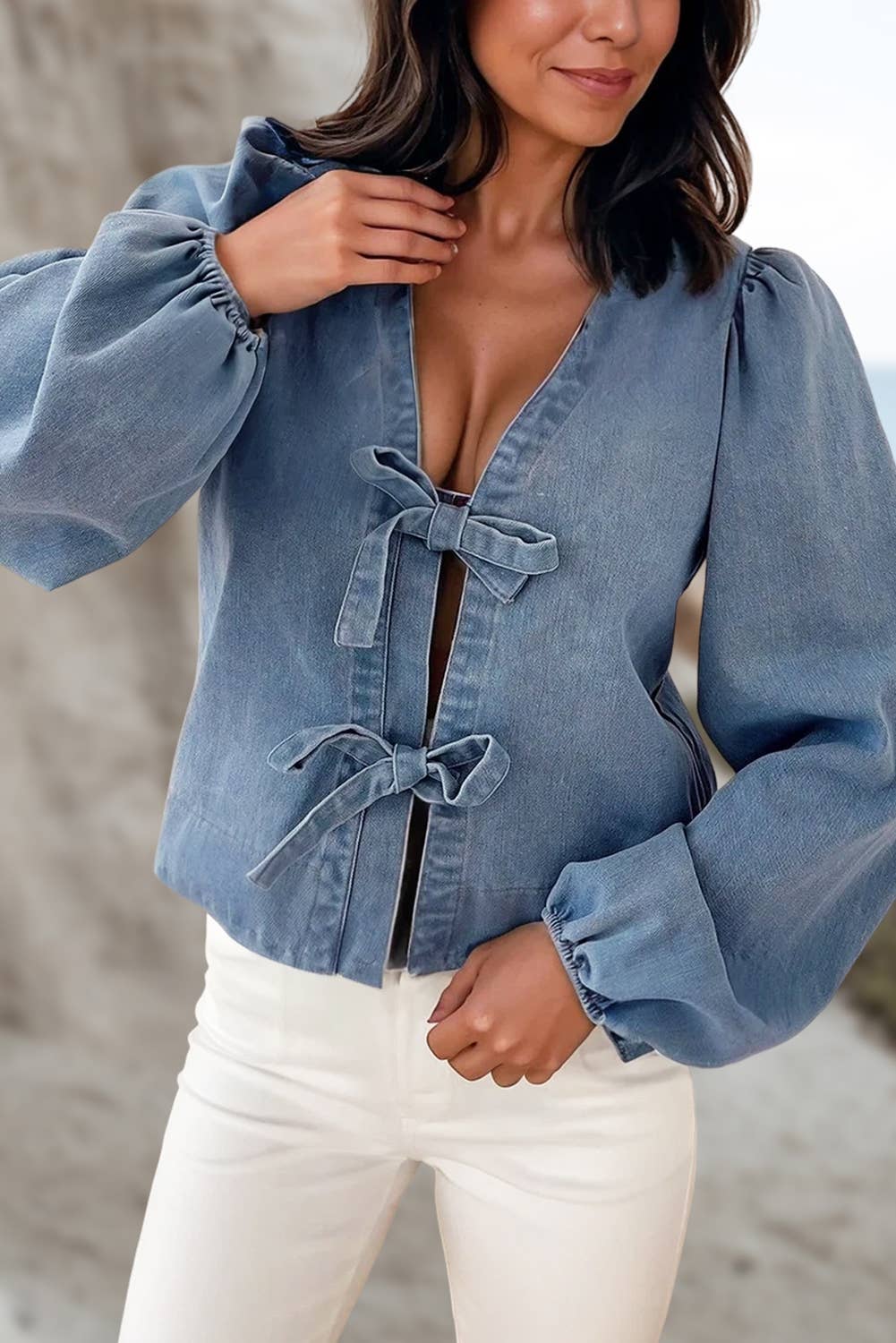 Cute Tied Front Long Puff Sleeve Denim Top |