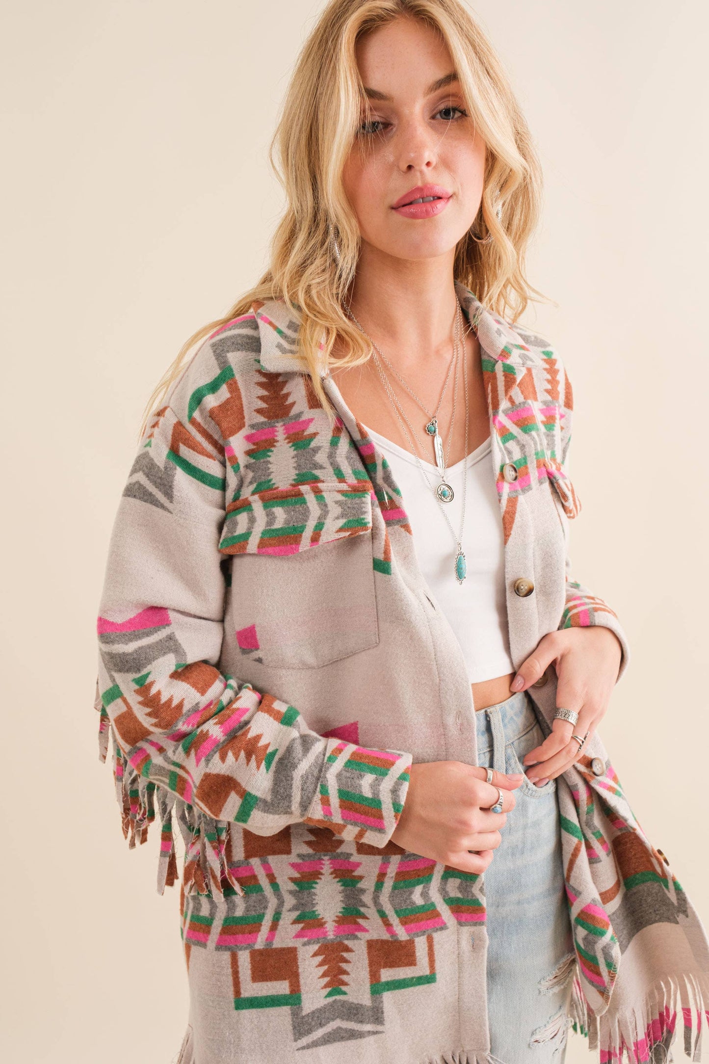 34200J - Blue B Exclusive Aztec Button Up Shirt Jacket