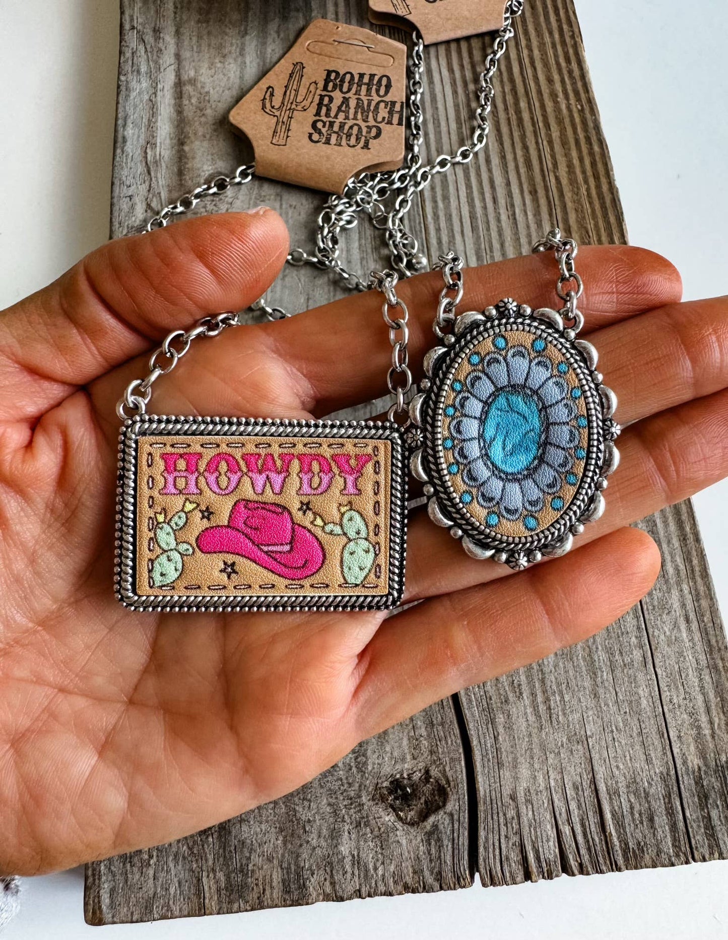 Western Tooled Leather Necklace - Square Howdy | Oval Concho