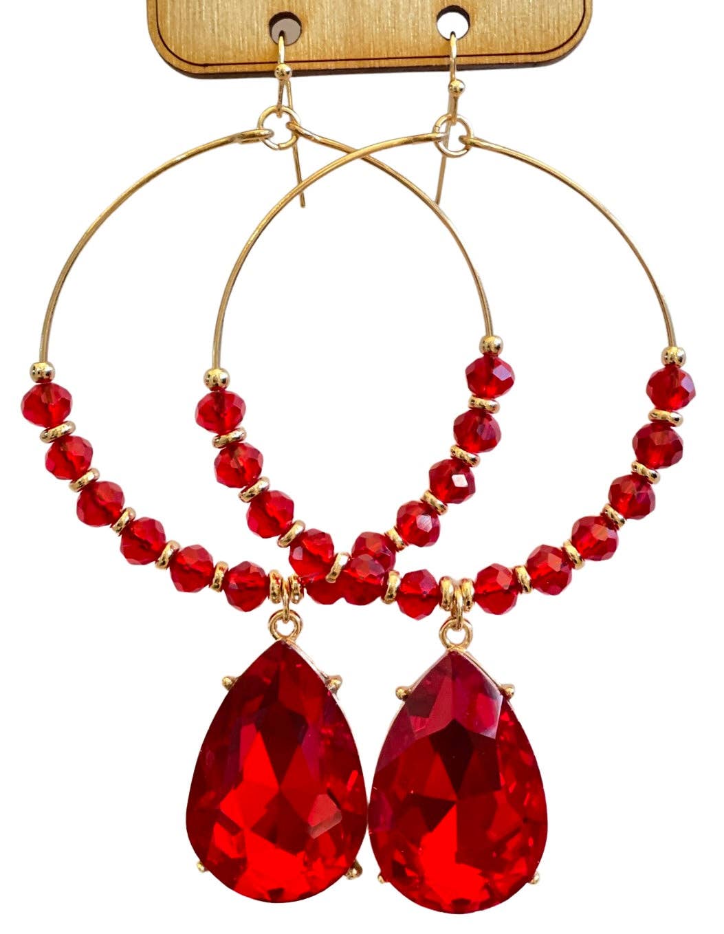 Red bead, gold circle, rhinestone teardrop earring, last call