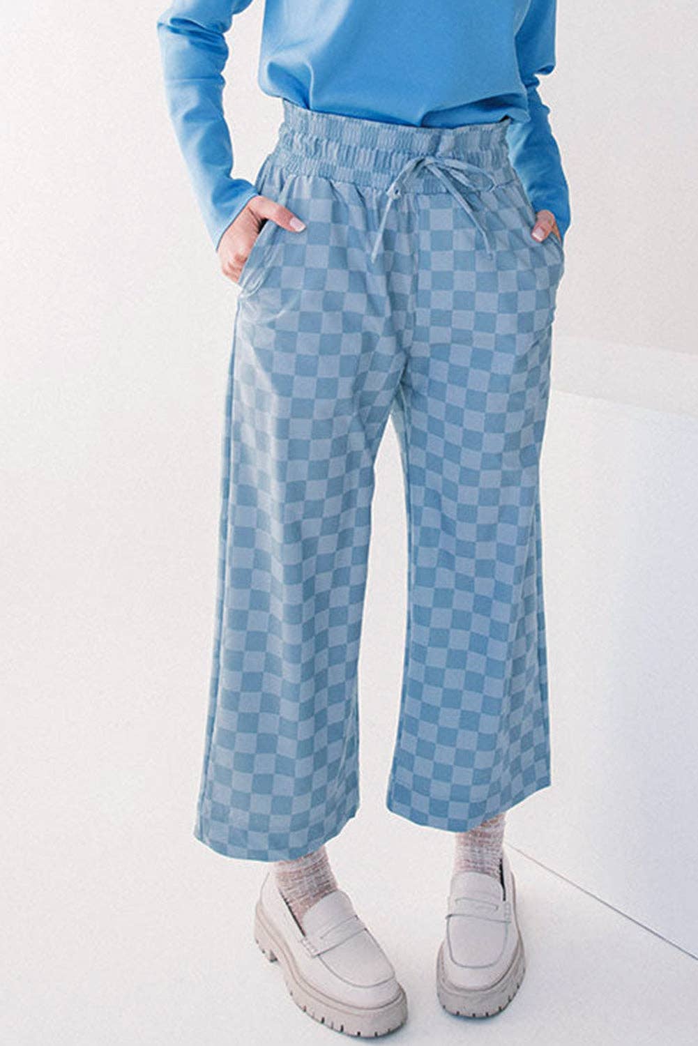 Checker Elastic High Waist Summer Pants