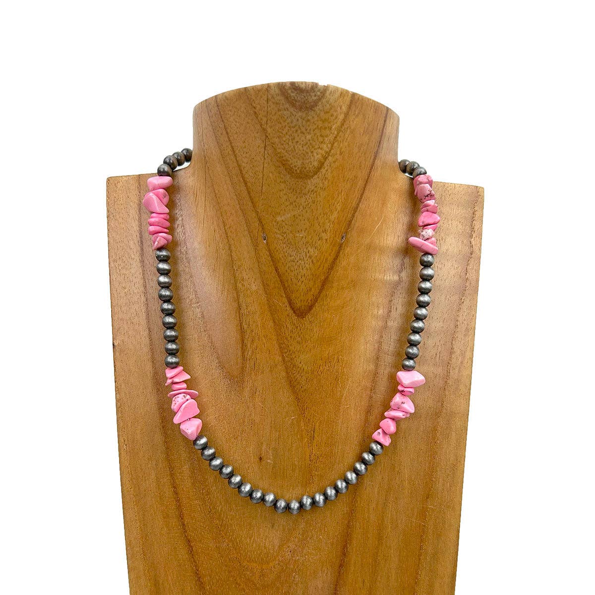 NKY250121-11 16 inches light pink stone with silver Navajo pearl Necklace