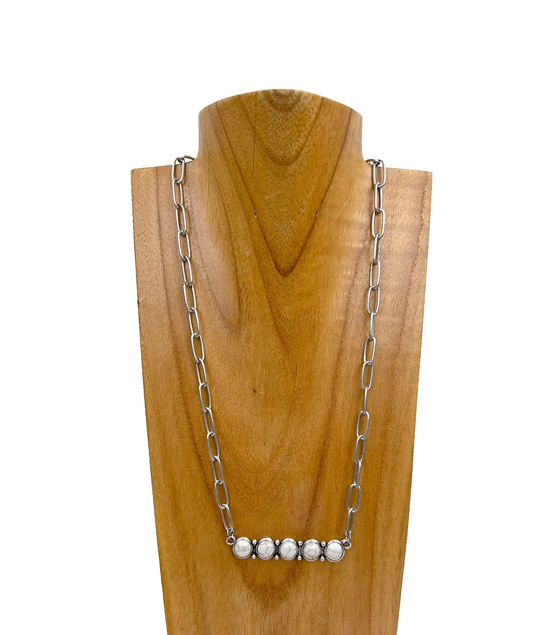 NKY241130-01-white Silver metal chain with green white stone bar Necklace