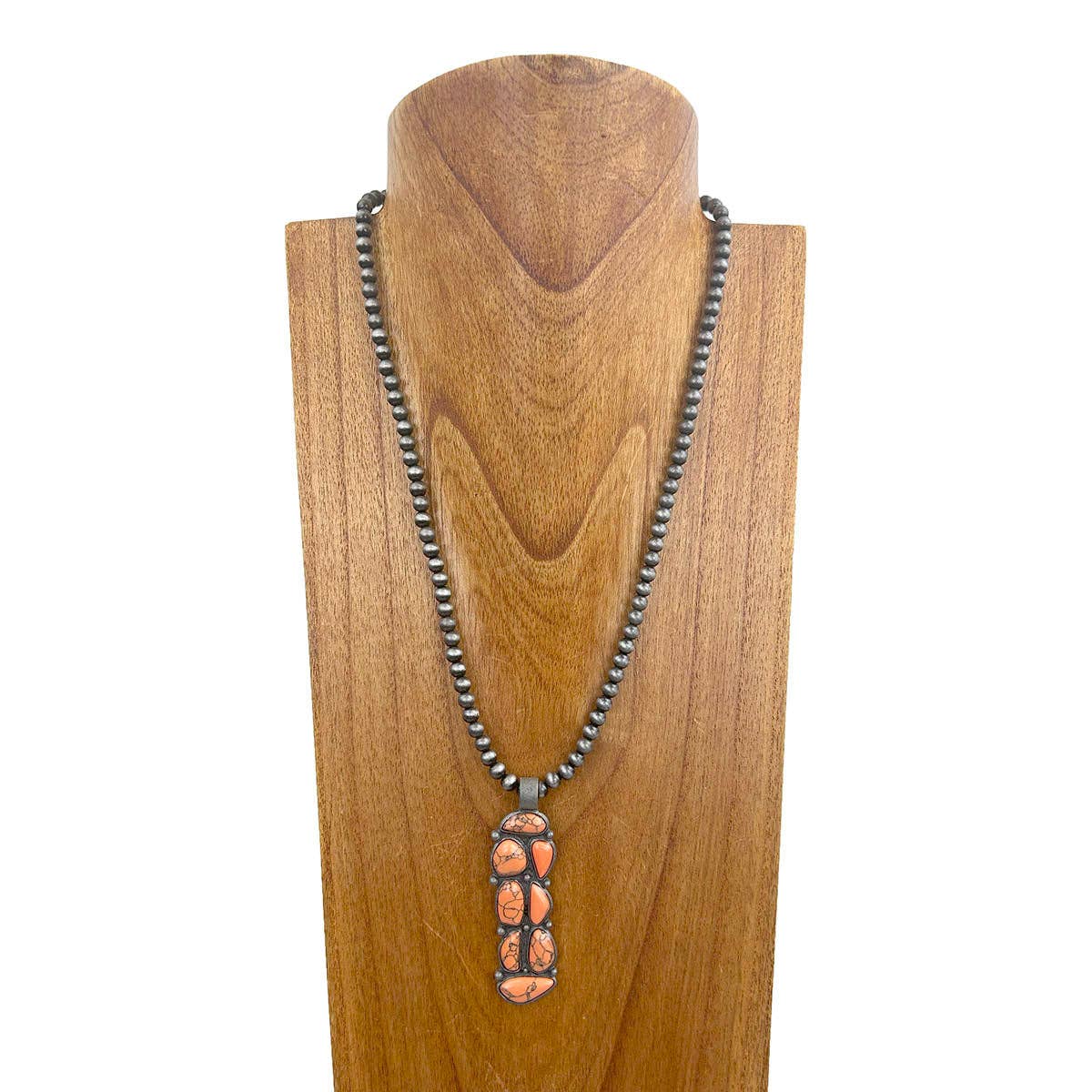 NKY241126-03 22 Inches silver Navajo pearl beads with green stone pendent Necklace