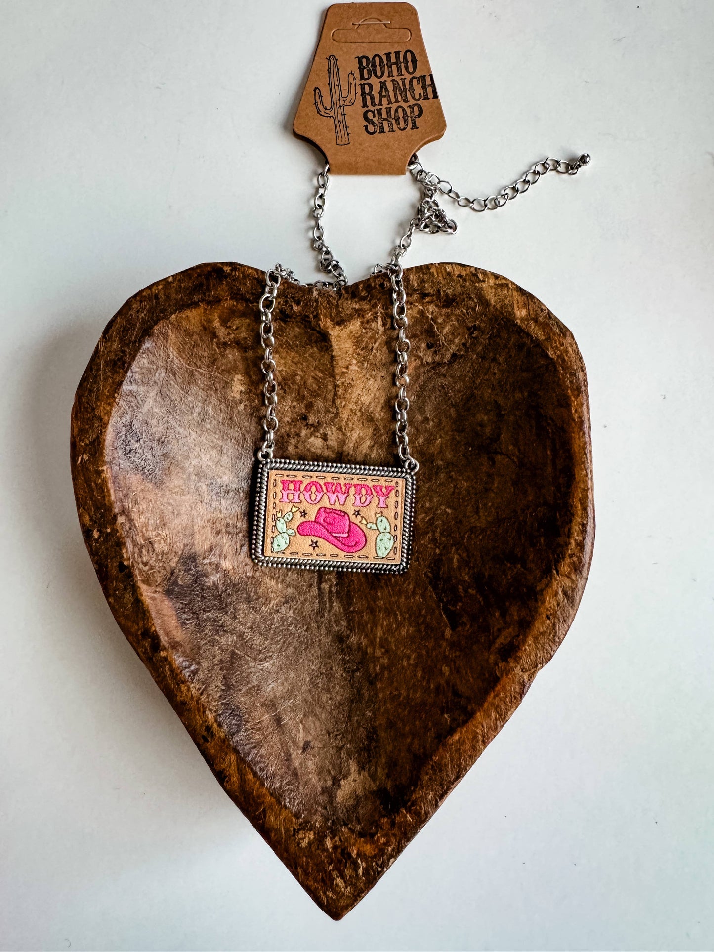 Western Tooled Leather Necklace - Square Howdy | Oval Concho