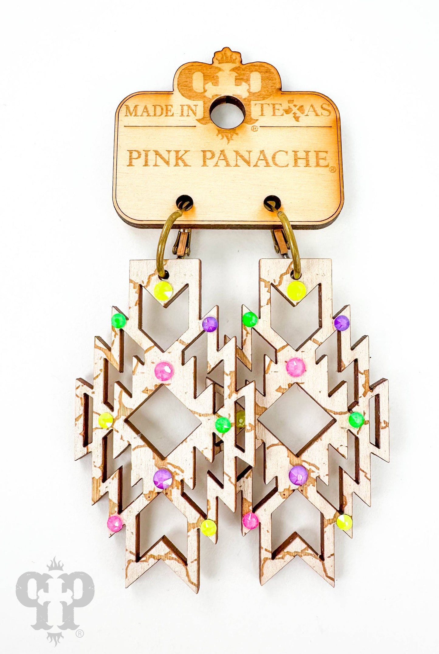 Wood Aztec shape earring with Austrian crystals