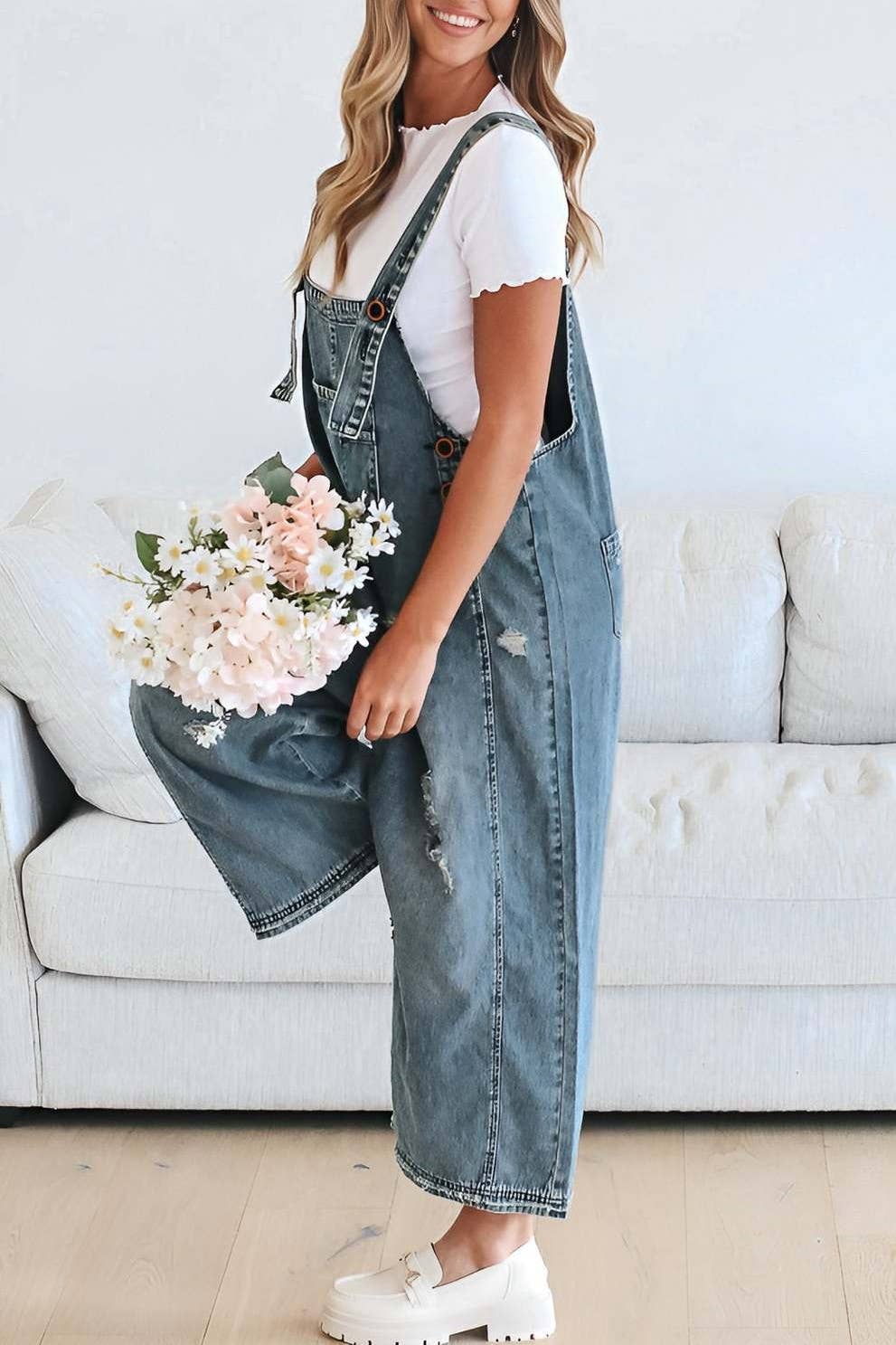 Southern Country distressed washed denim overall