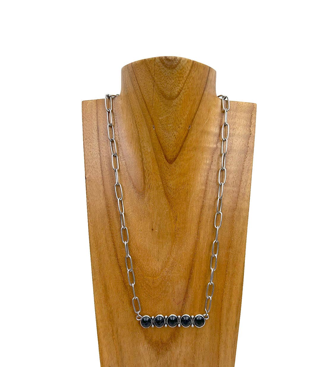 NKY241130-01-BLACK Silver metal chain with black stone bar Necklace