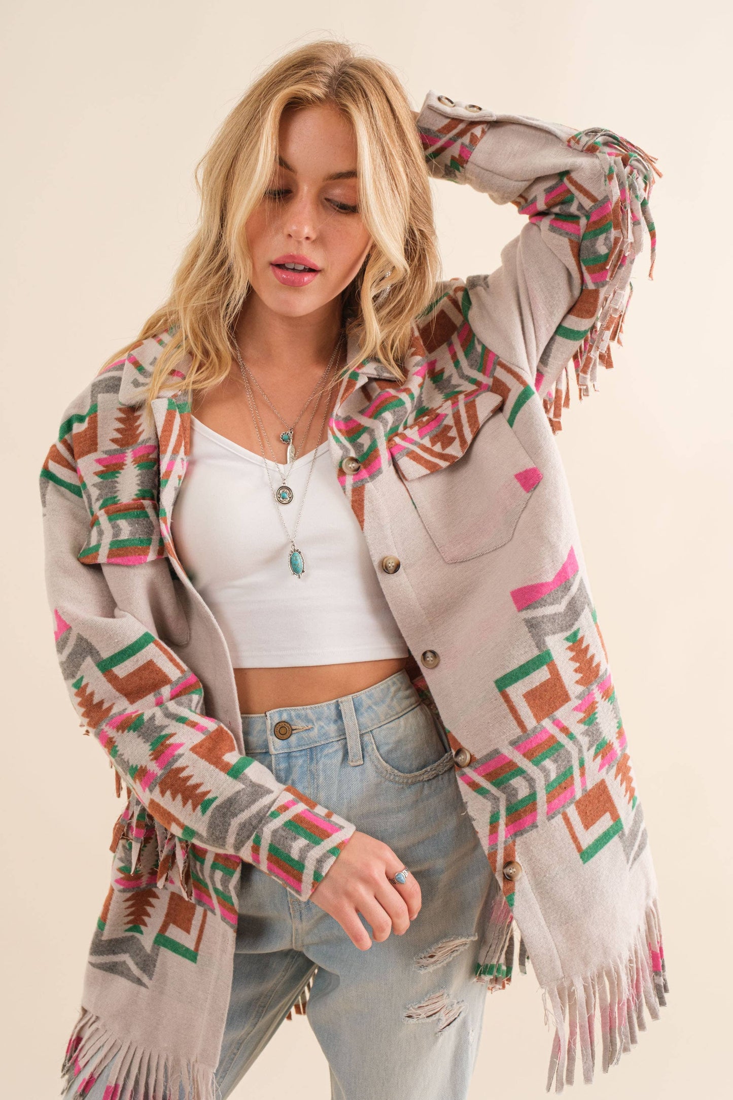 34200J - Blue B Exclusive Aztec Button Up Shirt Jacket