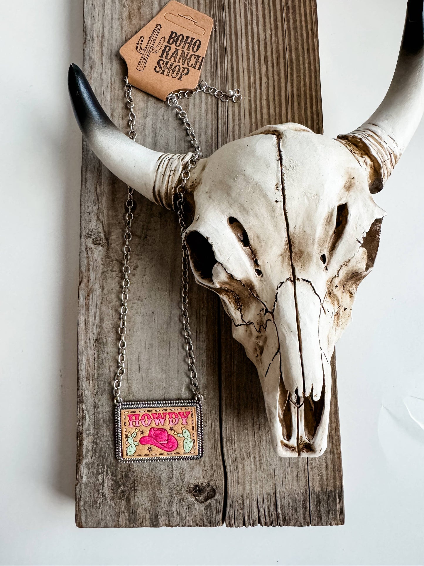 Western Tooled Leather Necklace - Square Howdy | Oval Concho