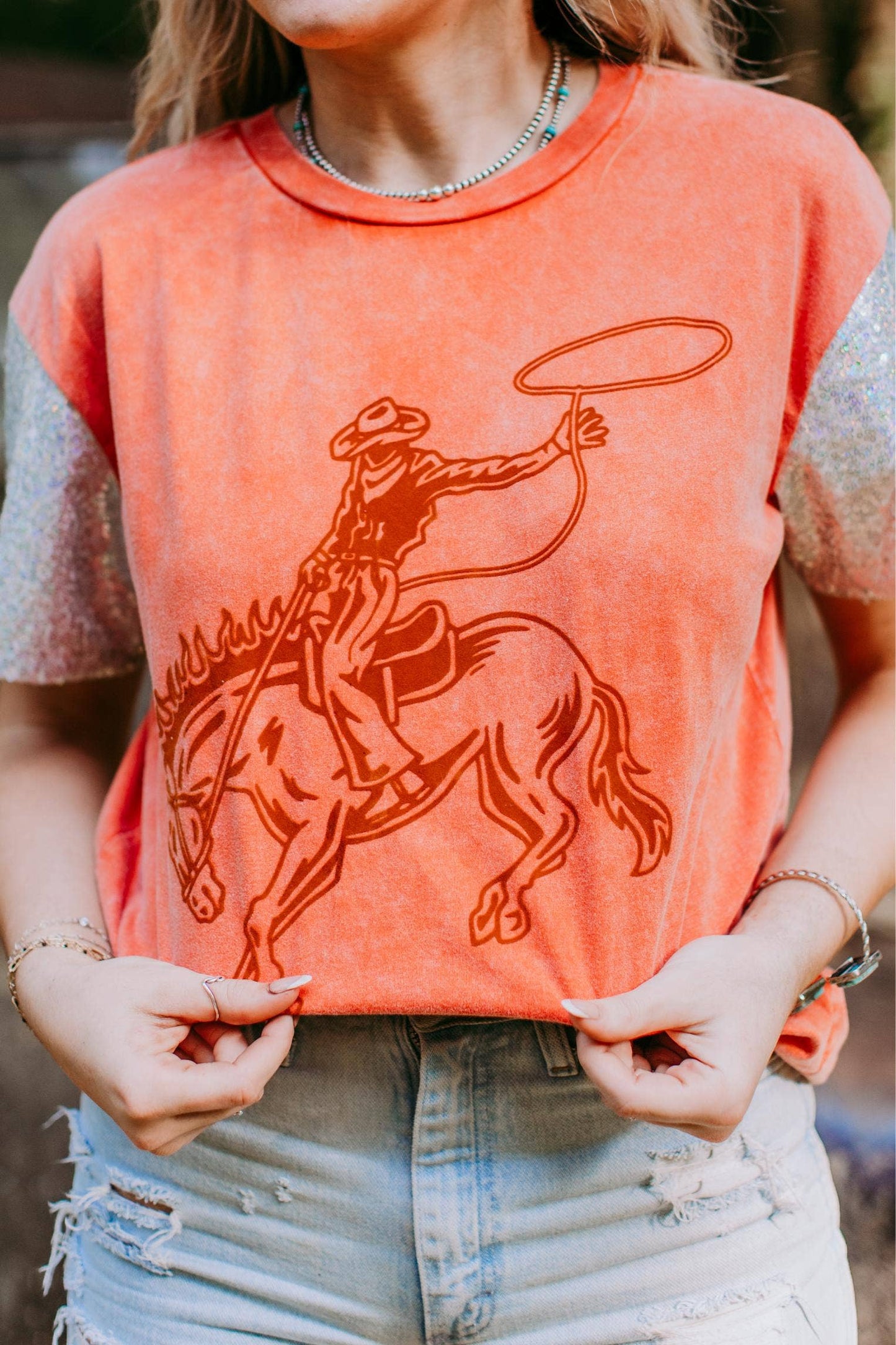 MK347 Cowboy Sequin Flocking Sleeve Tee