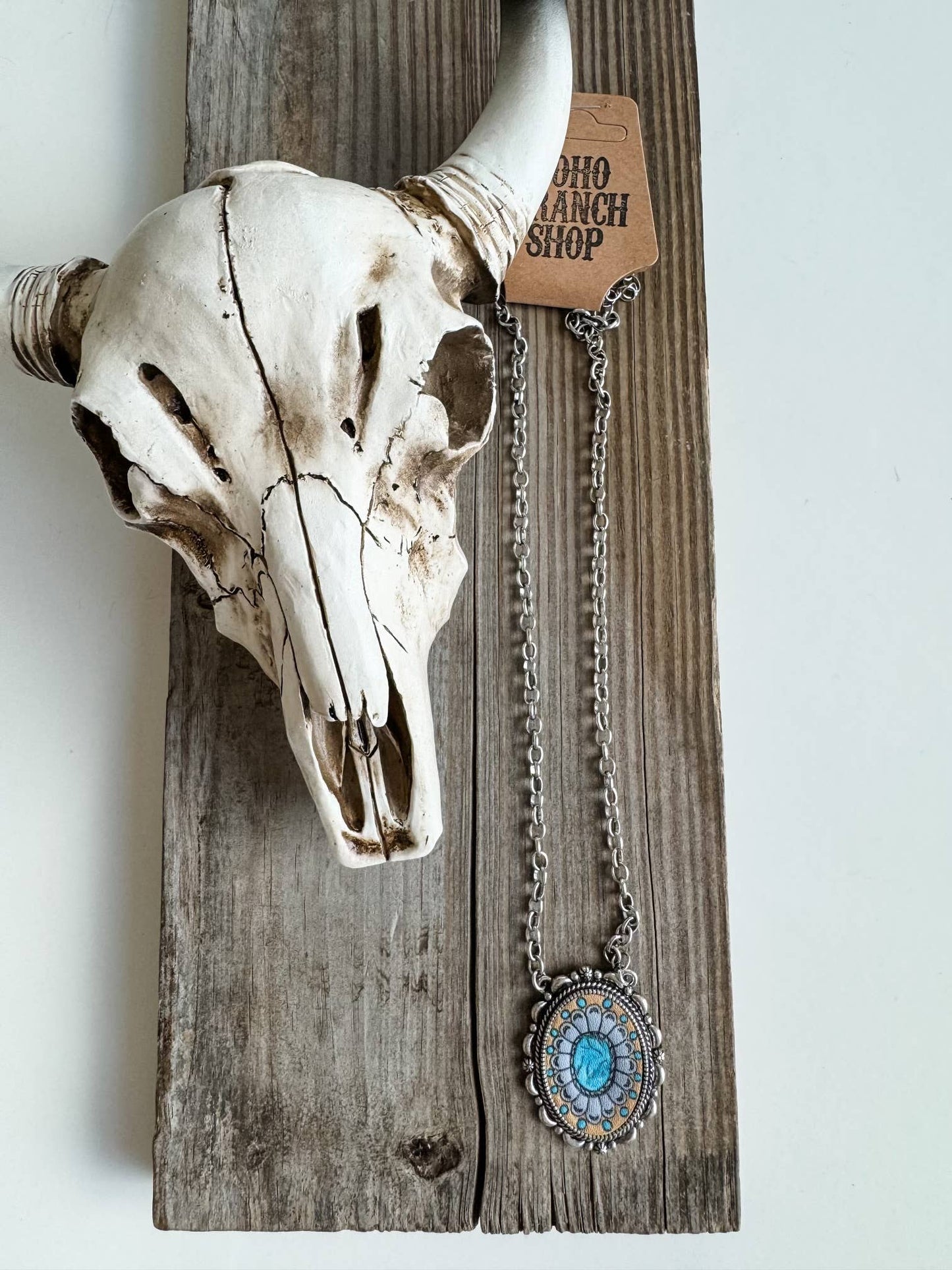 Western Tooled Leather Necklace - Square Howdy | Oval Concho