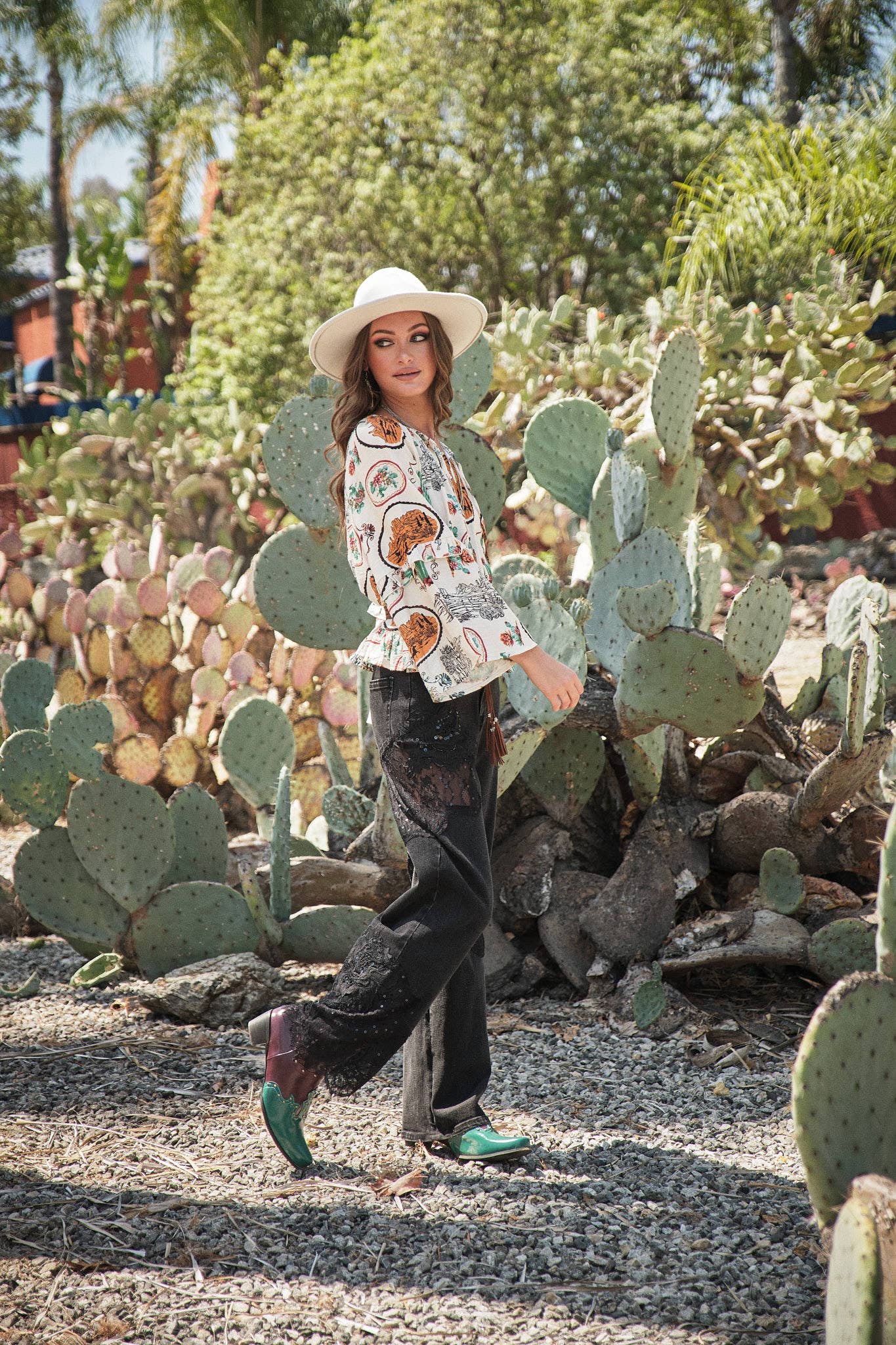 33152T - Western Print Peasant Blouse