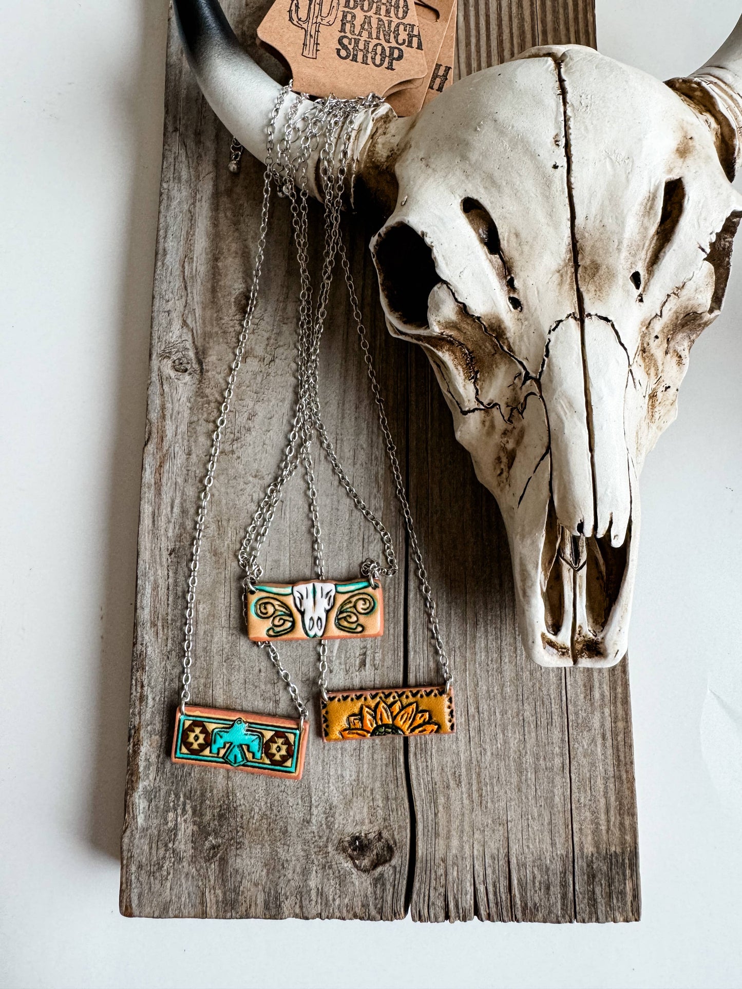 Western Tooled Leather Bar Necklace