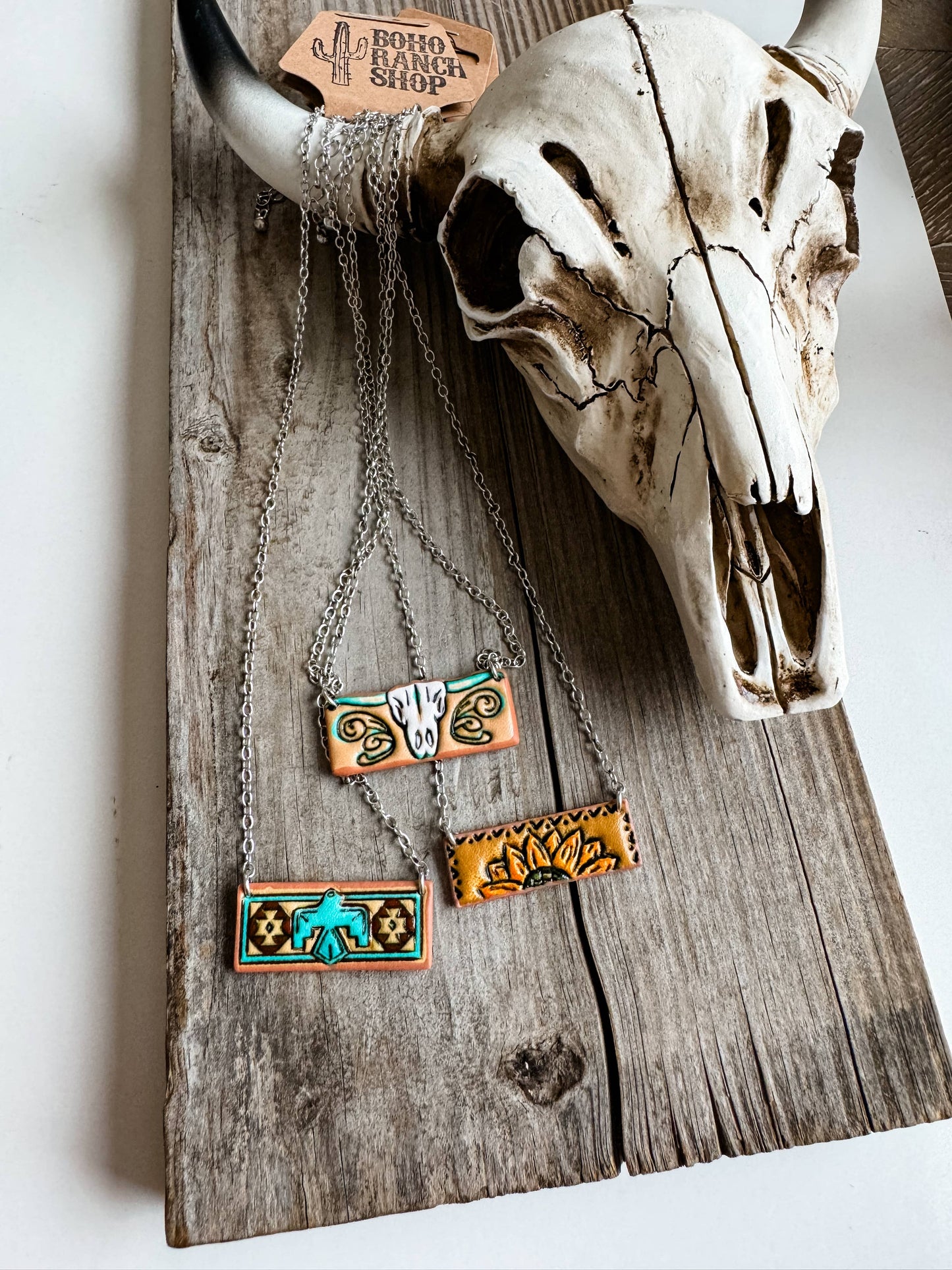 Western Tooled Leather Bar Necklace