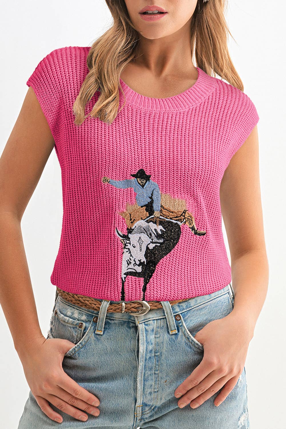 Western Cowboy Embroidery Sleevless Sweater | S-XL