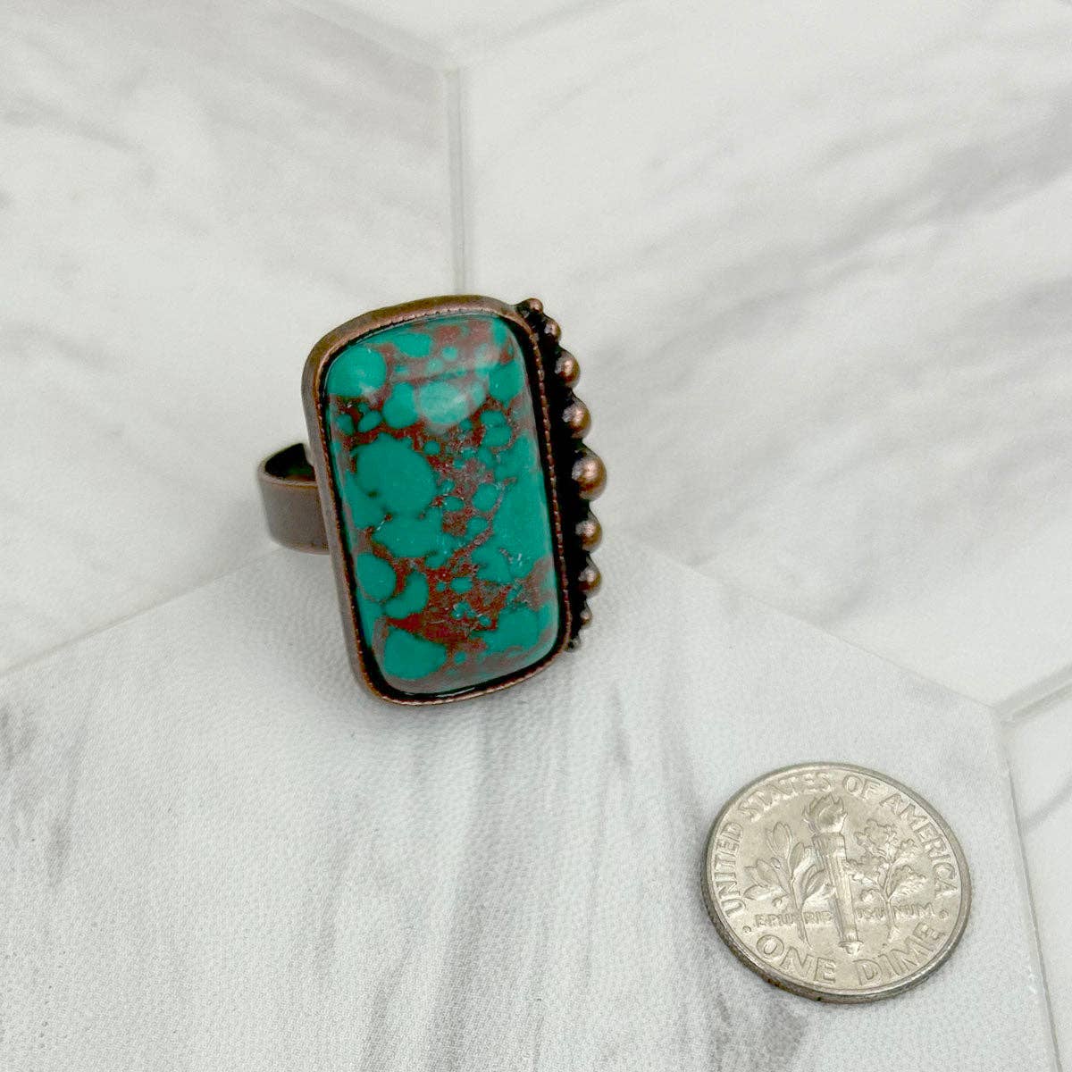 Copper metal with blue turquoise rectangle stone adjustable Ring