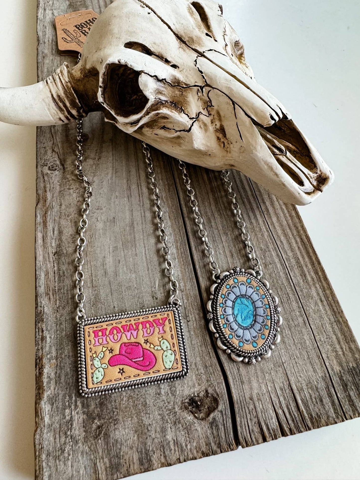 Western Tooled Leather Necklace - Square Howdy | Oval Concho