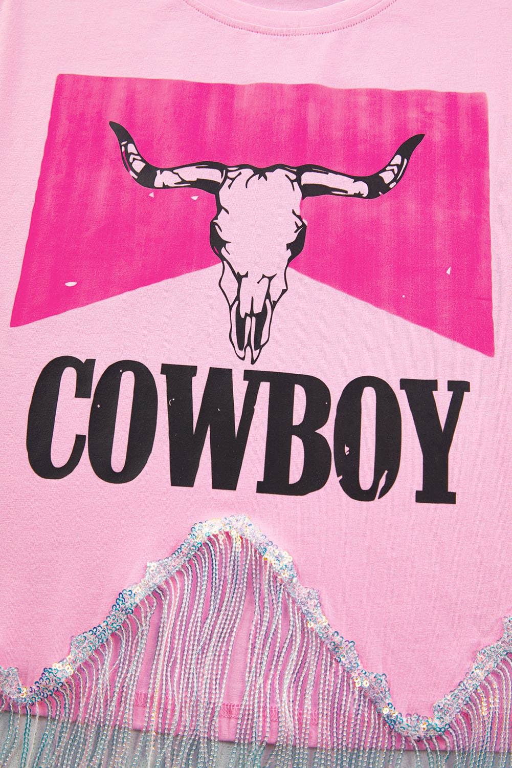 Women COWBOY Western Print Sequin Fringed Graphic Tee