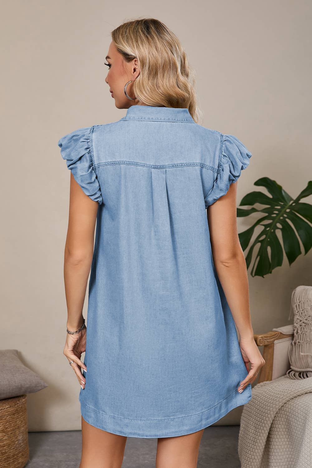 Shirred Ruffled Sleeve Button Up Denim Mini Dress | S-XL