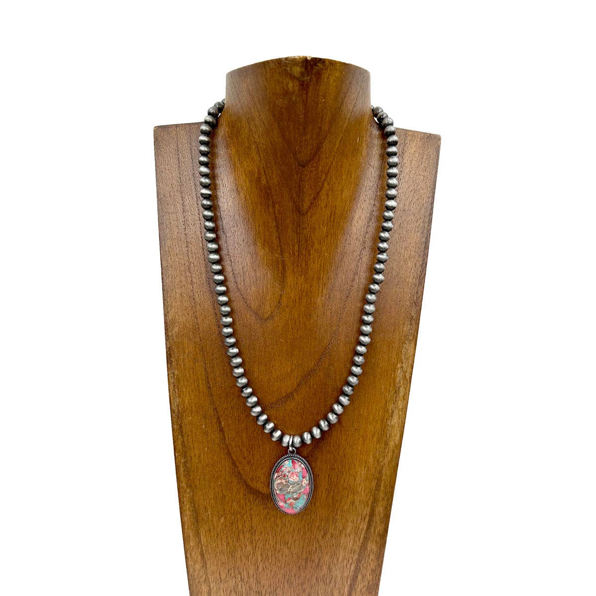 NKY230530-02-A "17 Inches 6mm silver Navajo pearl beads with oval oyster copper turquoise pendant Necklace"