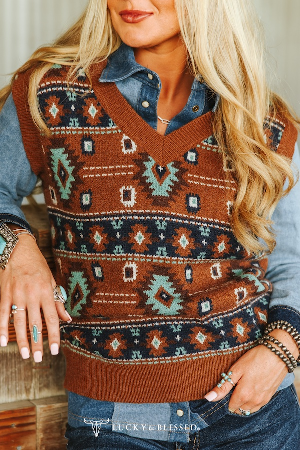 Brown Turquoise Aztec Knit Vest
