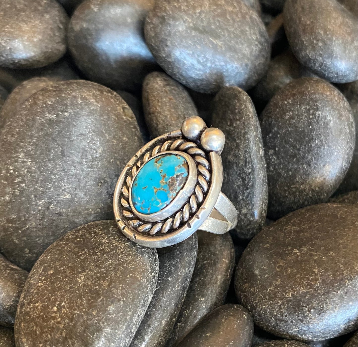 Blue Turquoise and Silver Rope Ring