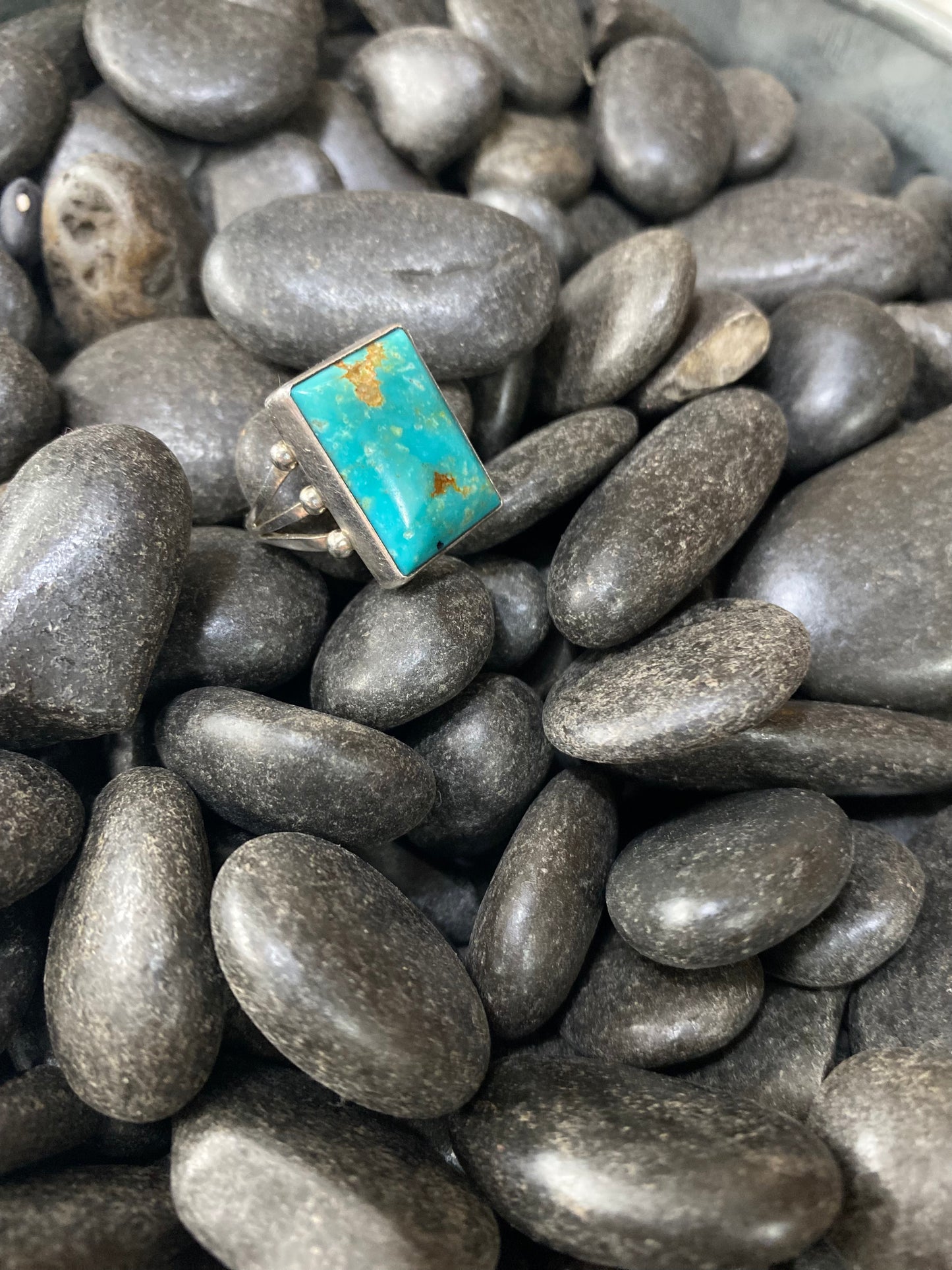 Running Bear Silver Ring with Square Turquoise Stone size 7