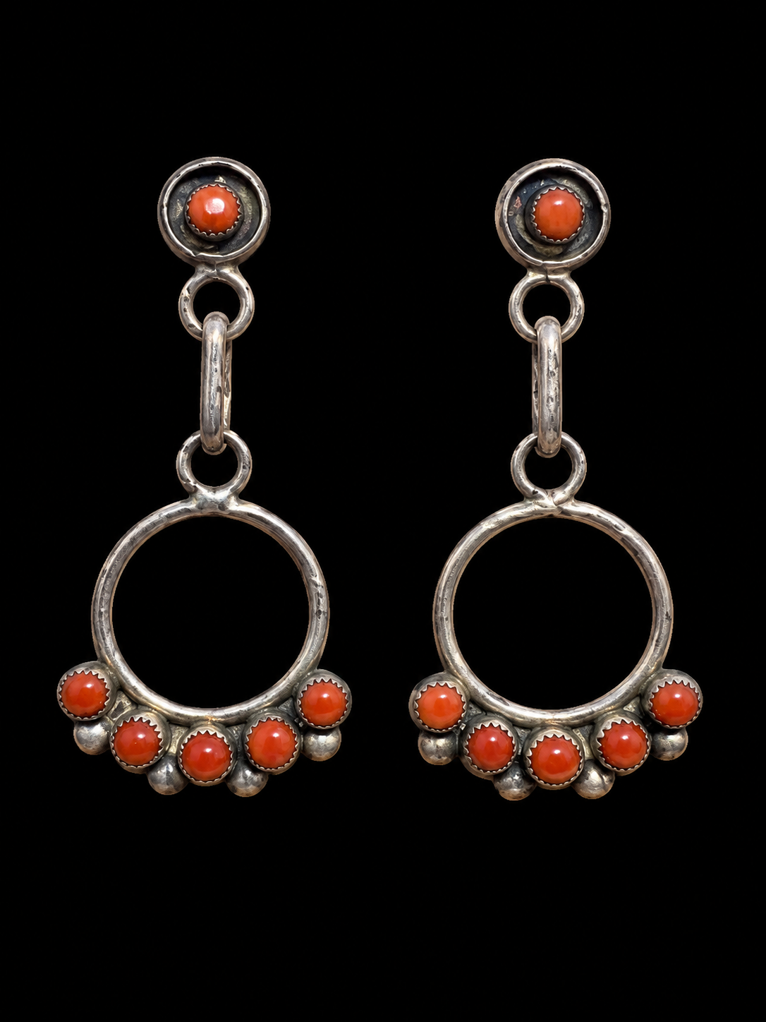Vintage Zuni Coral & Sterling Silver Drop Hoop Post Earrings Unmarked