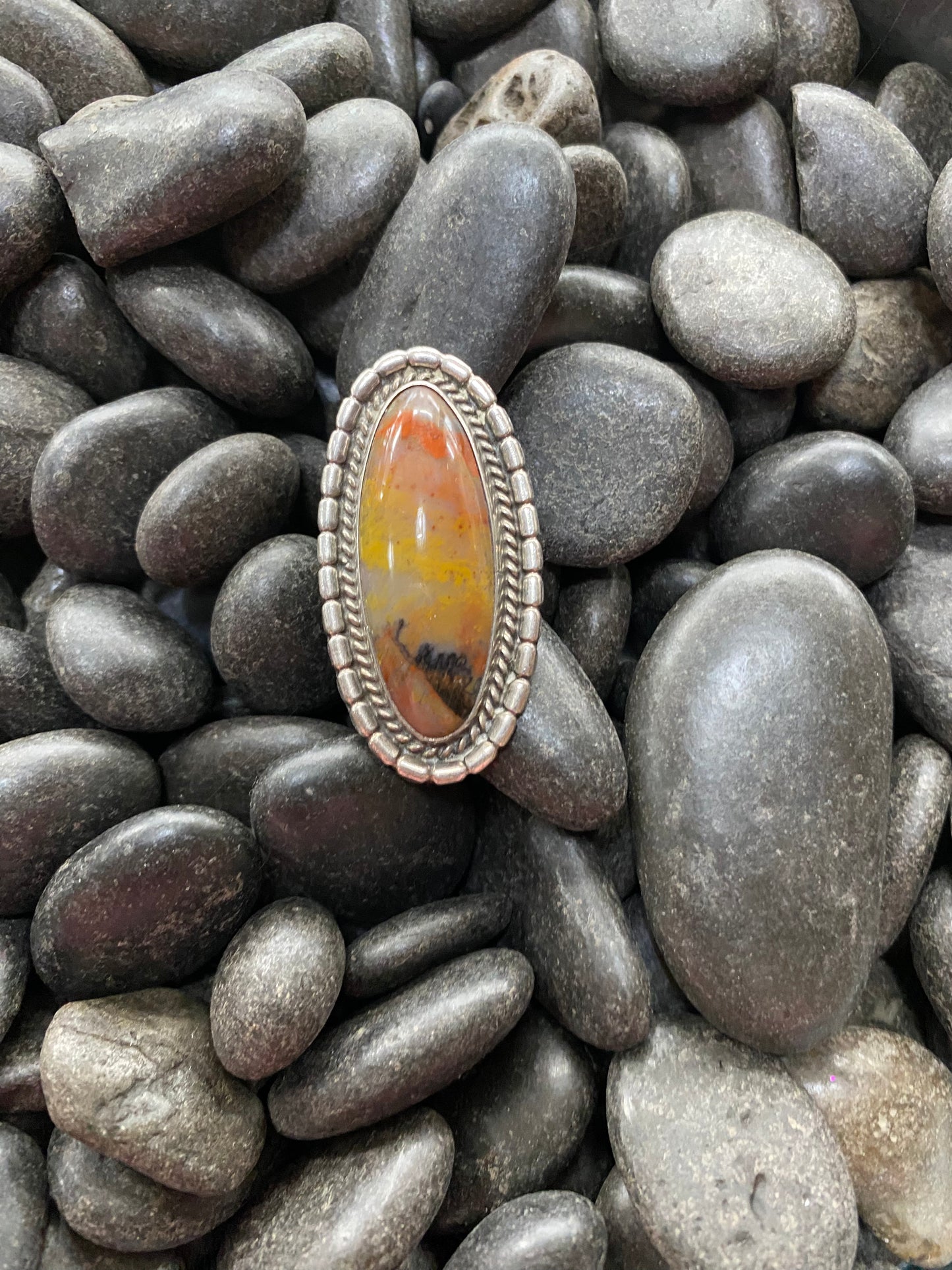Unmarked Sterling Silver and Calico Agate Oval Ring