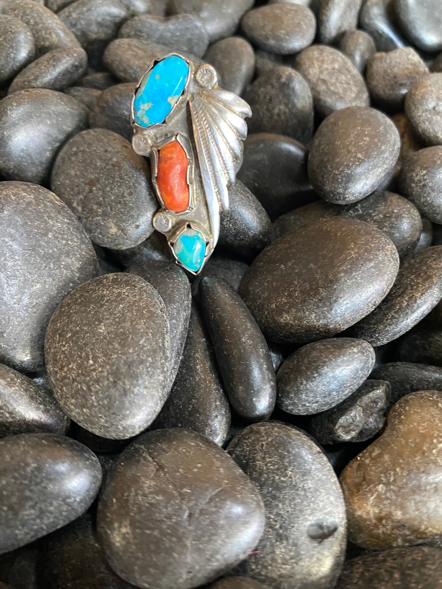 Blue Turquoise and Coral Stone Feather Ring