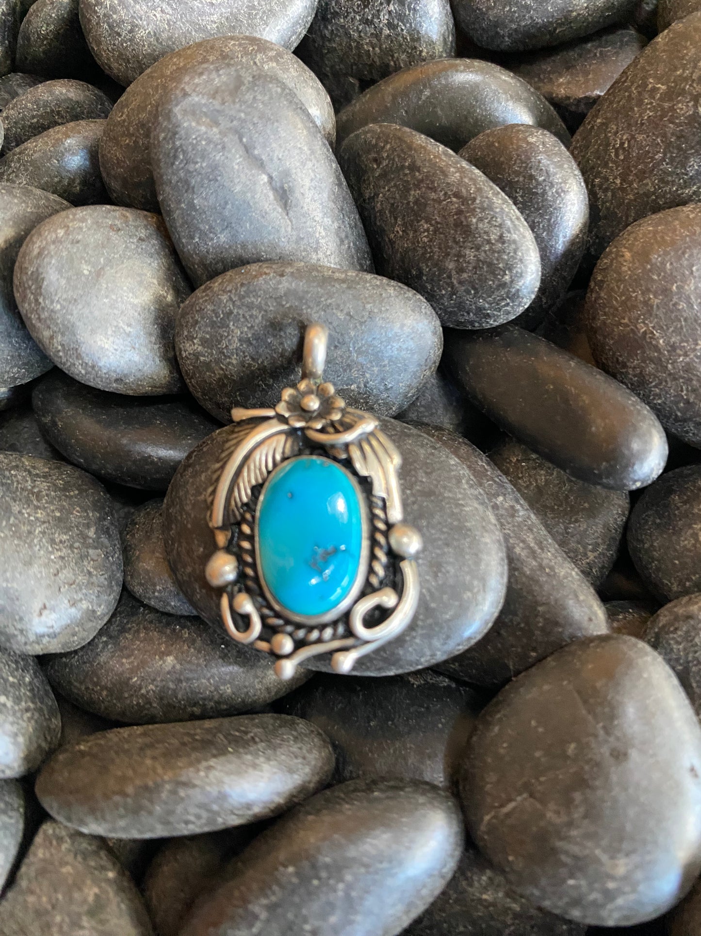 Blue Turquoise Oval and Silver Pendant