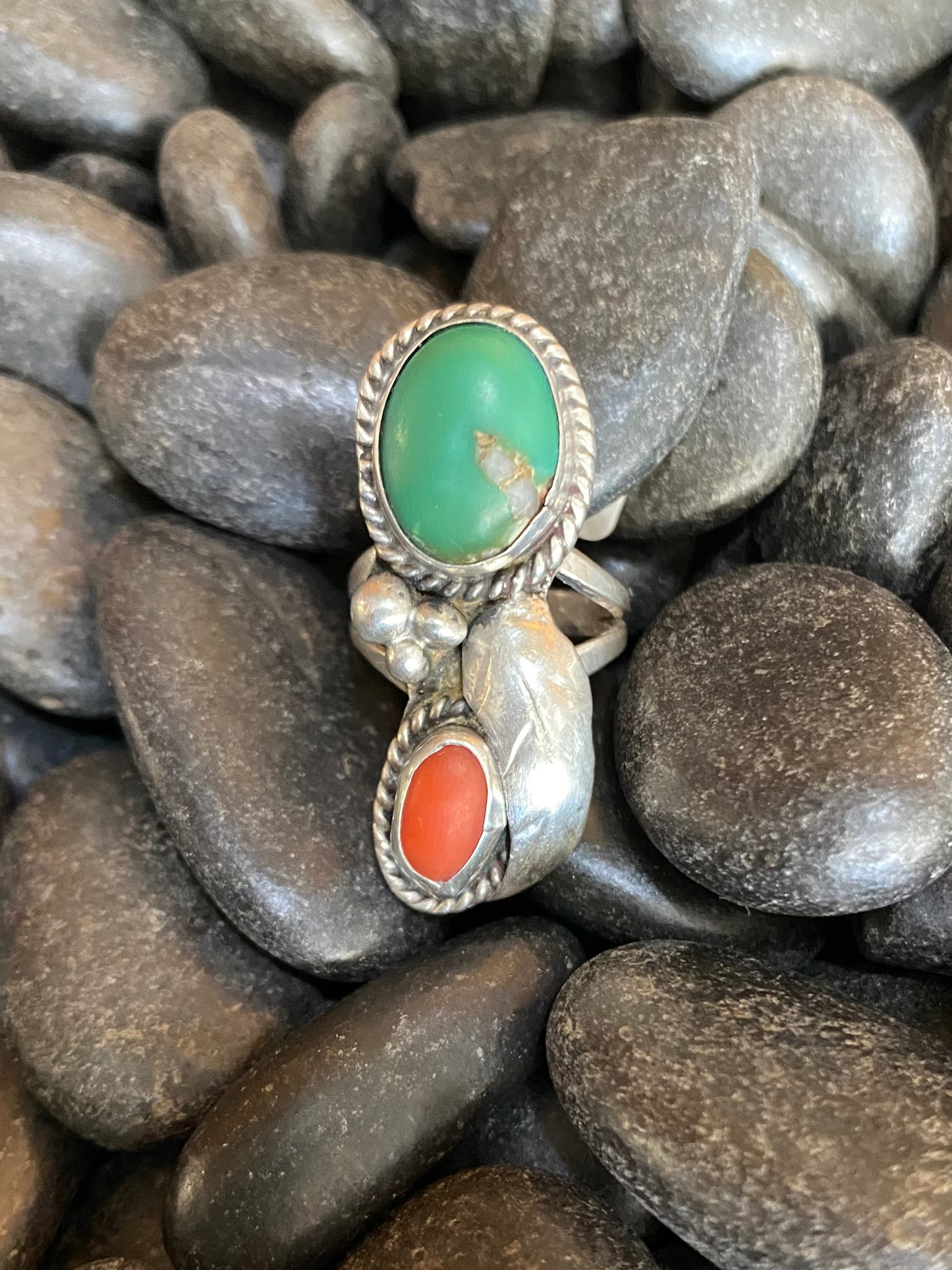 Navajo Royston Turquoise & Coral Feather Ring