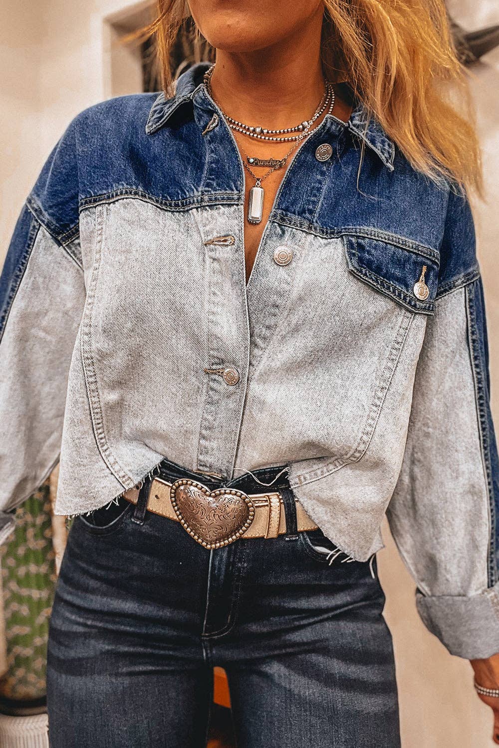 Denim Colorblock Buttoned Fall Jacket