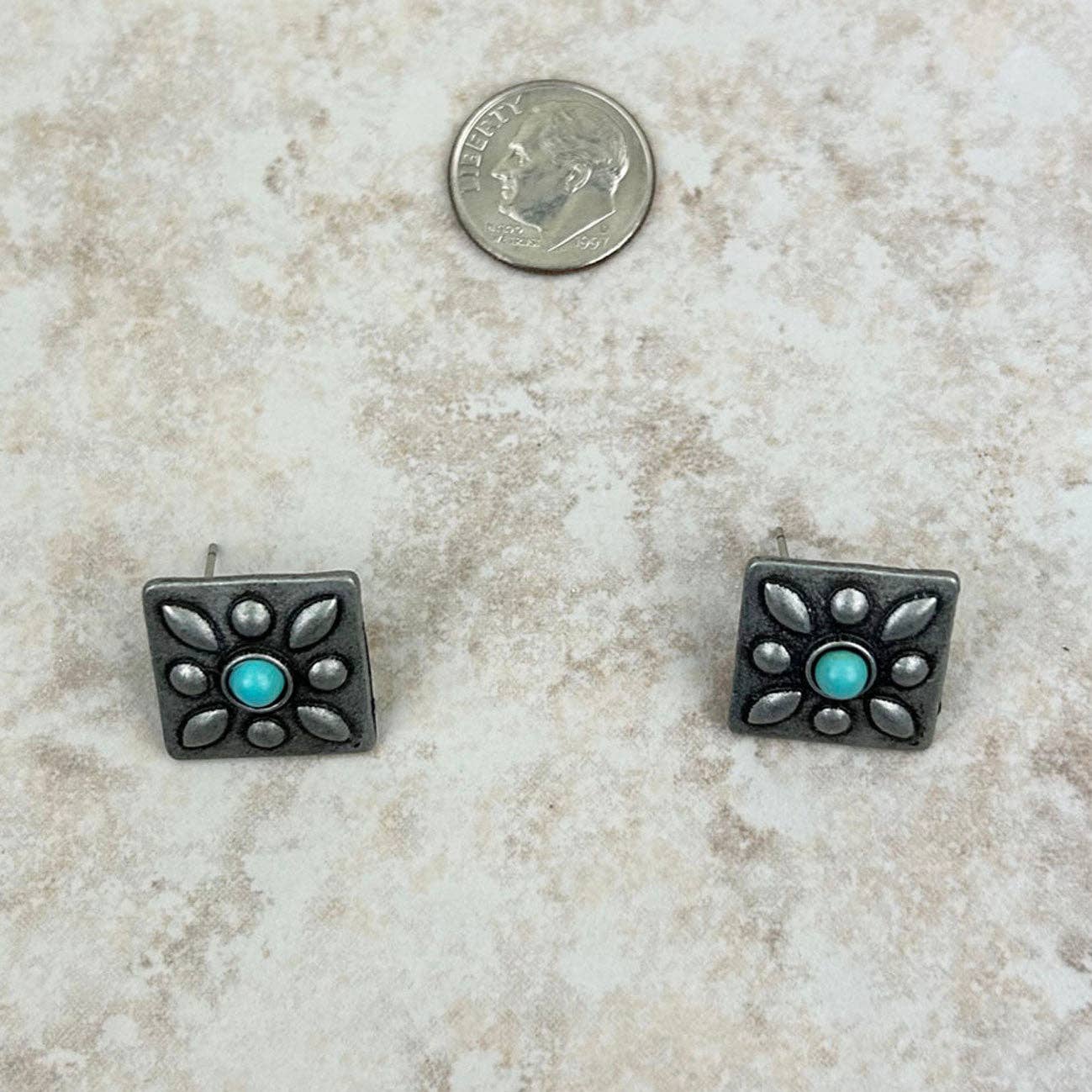 ER220330-05-ANTIQUE SILVER Small antique silver with blue turquoise stone square concho earring