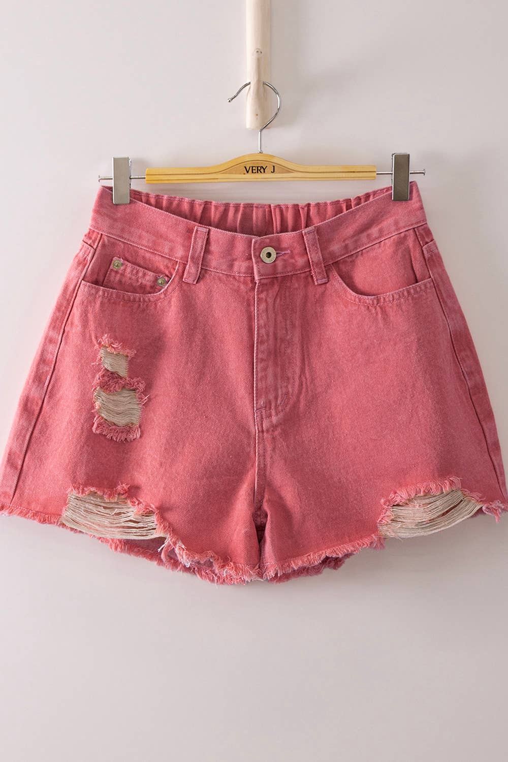 Pink Mineral Washed Denim Distressed Shorts