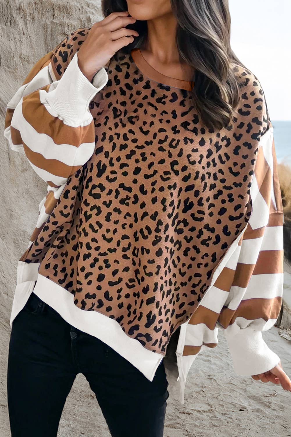 Stripe Leopard Side Slits Sweatshirt