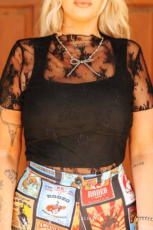 Black Lace Short Sleeve Stretch Top