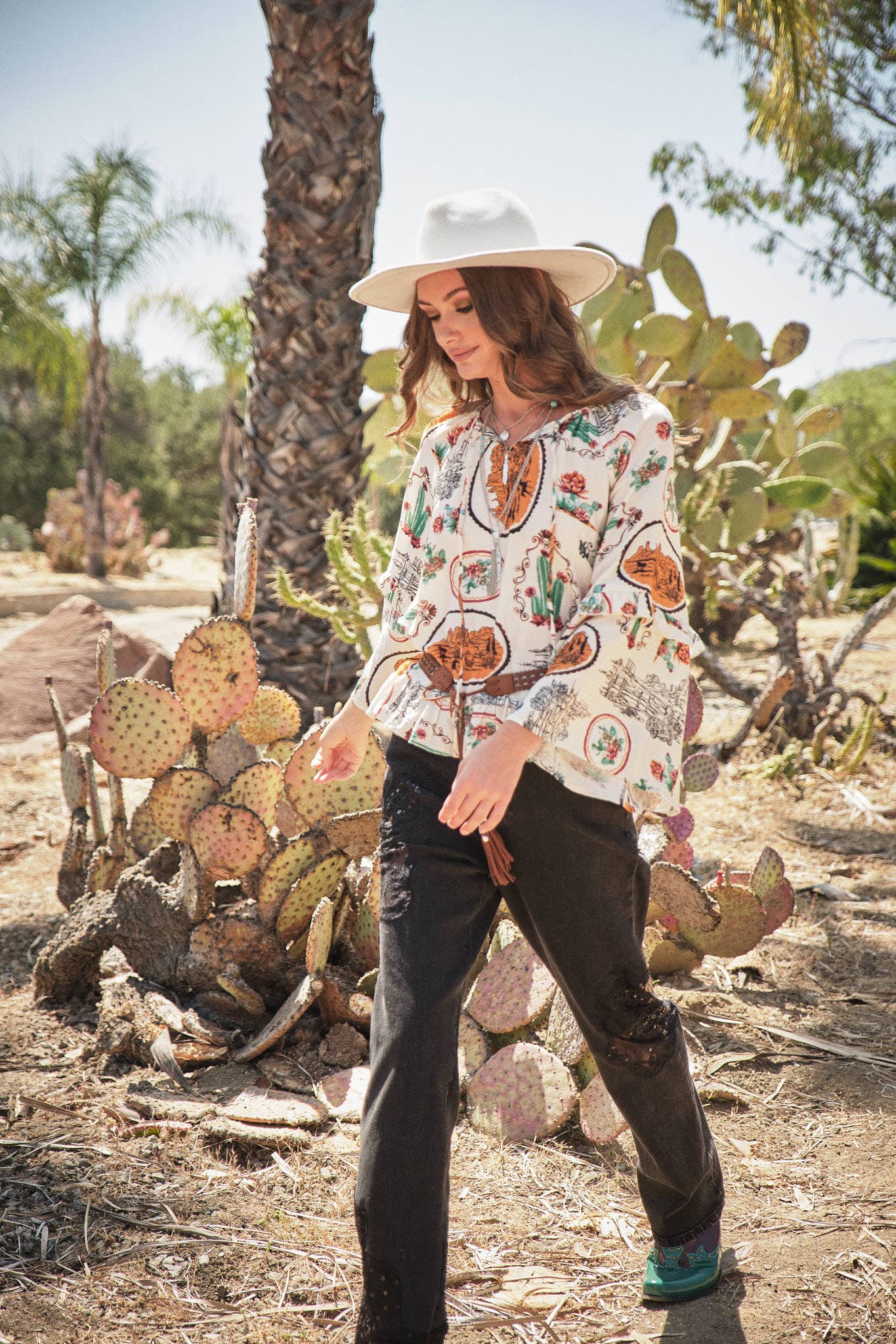 33152T - Western Print Peasant Blouse