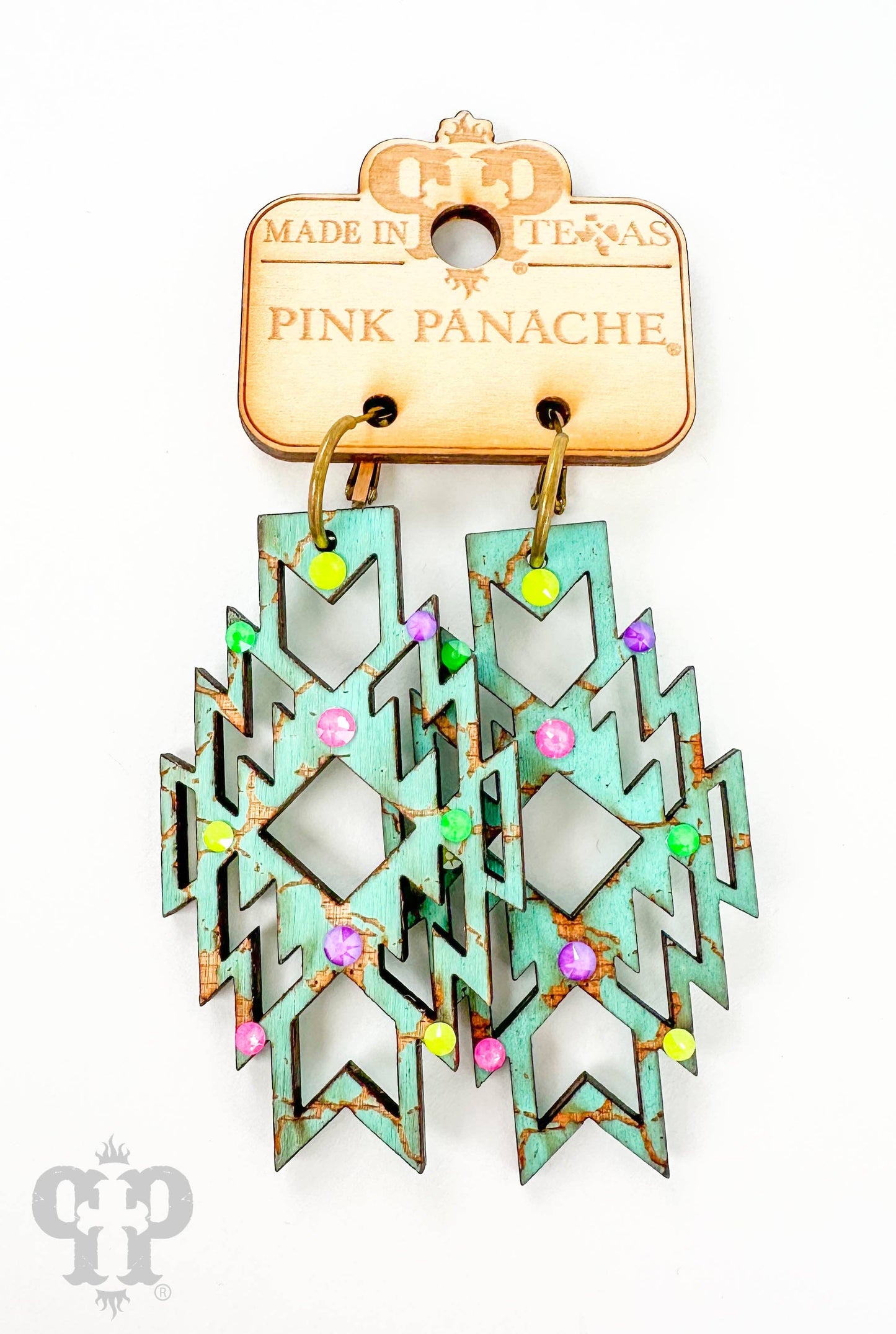 Wood Aztec shape earring with Austrian crystals