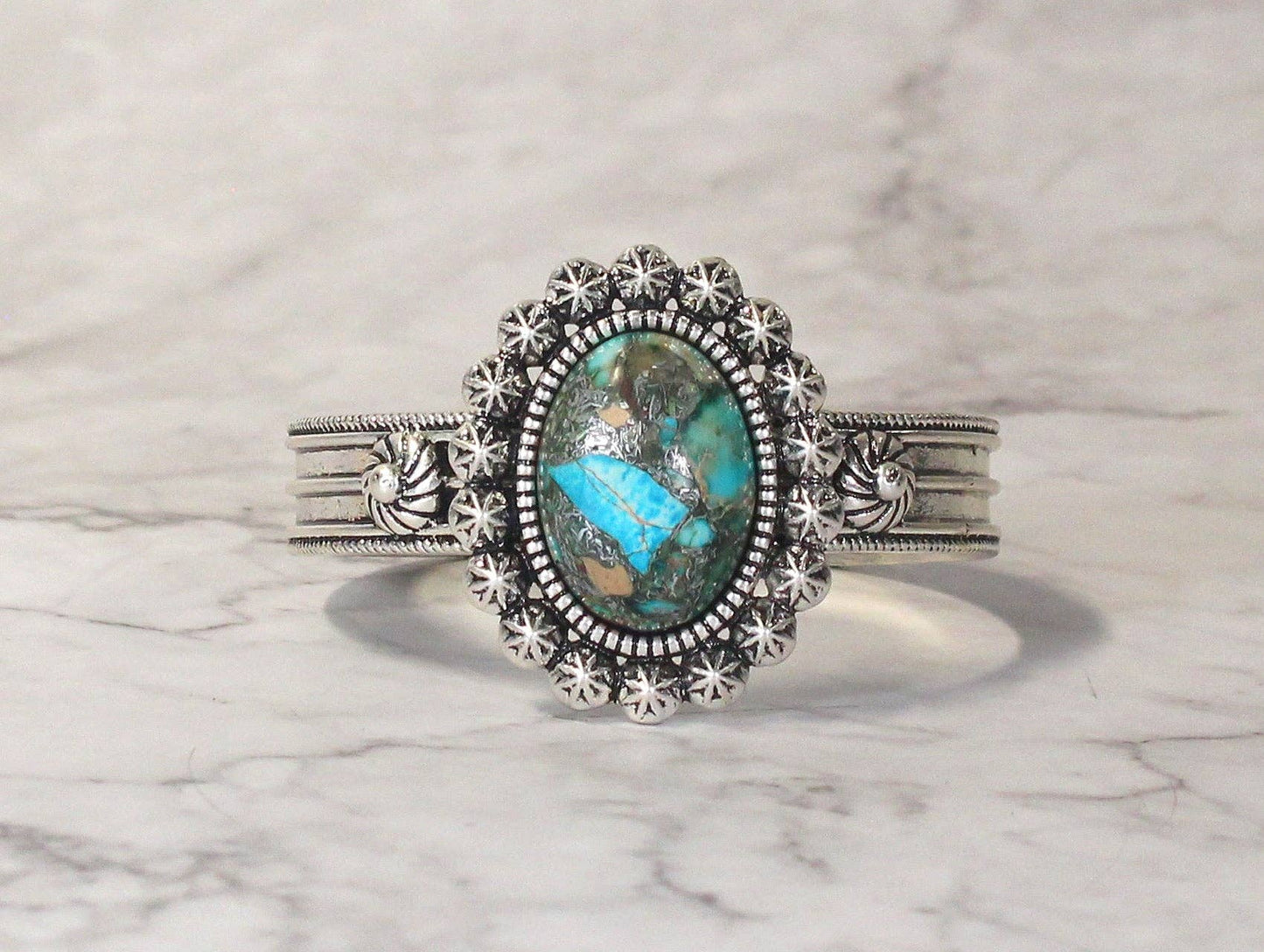 0733 R4 - 86 Silver-Tone Cuff Bracelet with Oval Faux Turquo