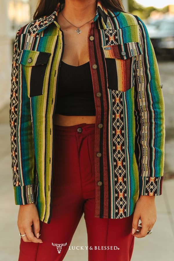 Plus Size Serape Multi Printed Long Sleeve Western Shirt