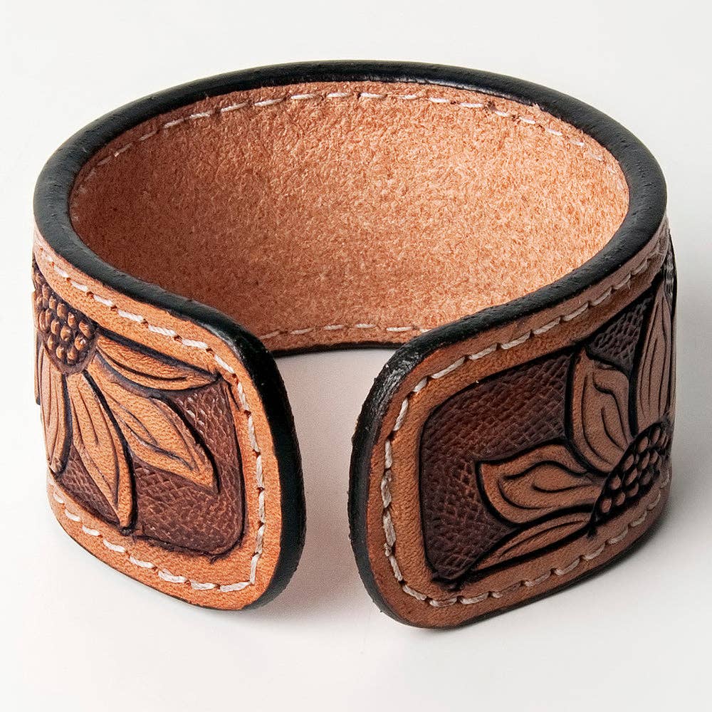 ADBRF156 Hand Tooled Leather Cuff Bracelet - Western Floral Design in Natural Tan