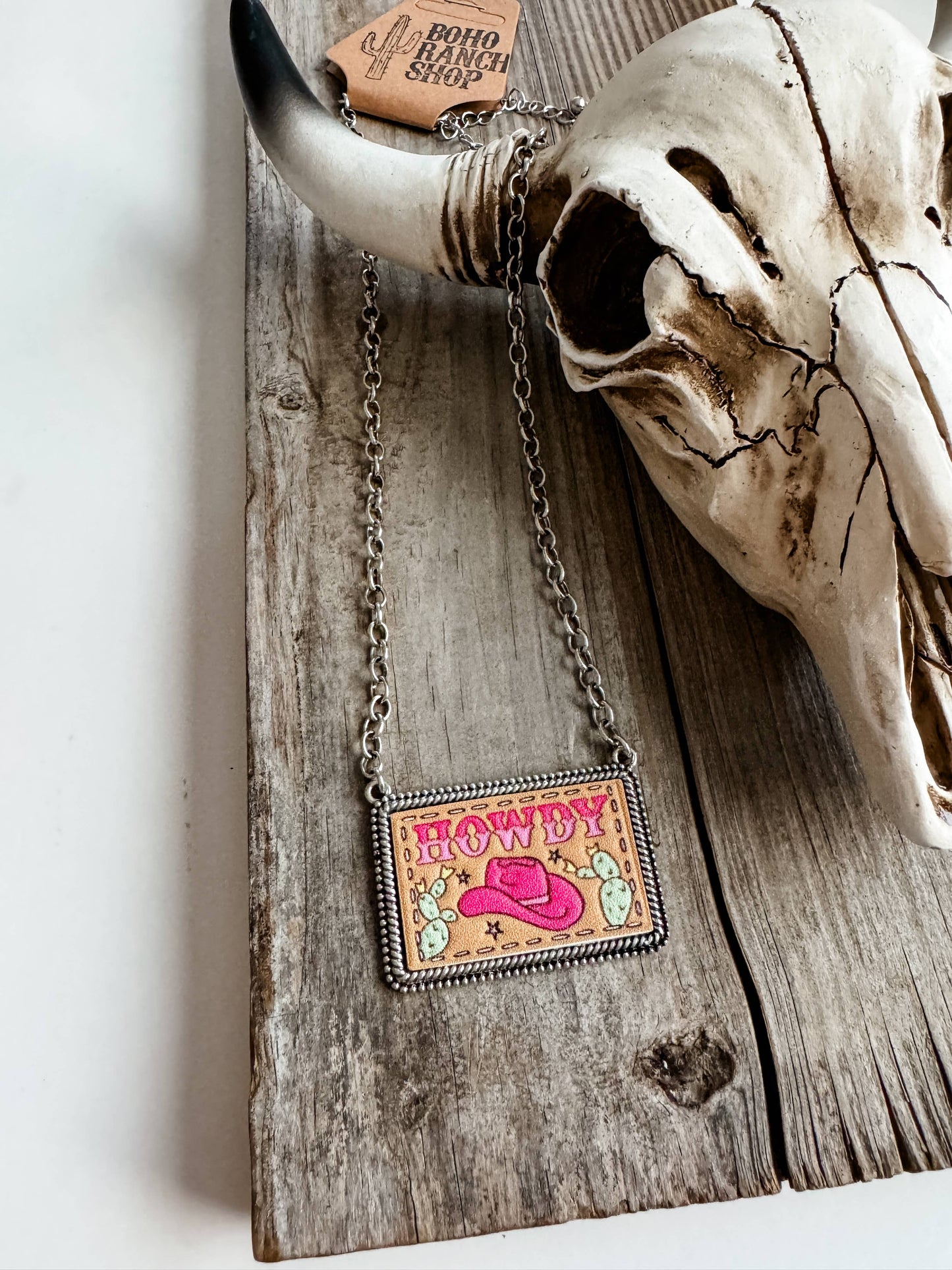 Western Tooled Leather Necklace - Square Howdy | Oval Concho