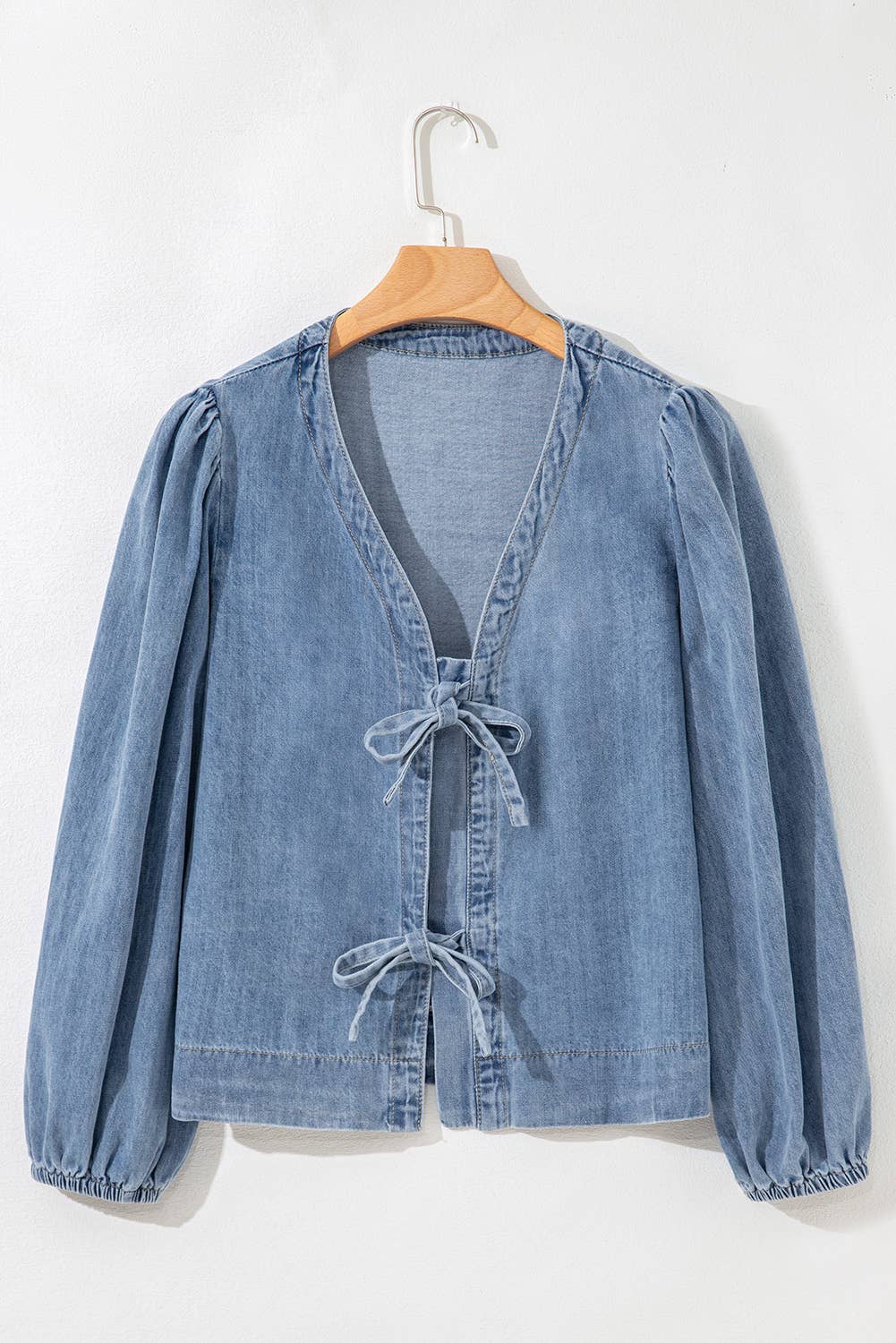 Cute Tied Front Long Puff Sleeve Denim Top |