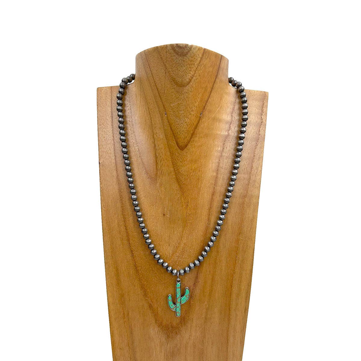 NKY250121-83 18 inches silver Navajo pearl beads with green cactus Necklace