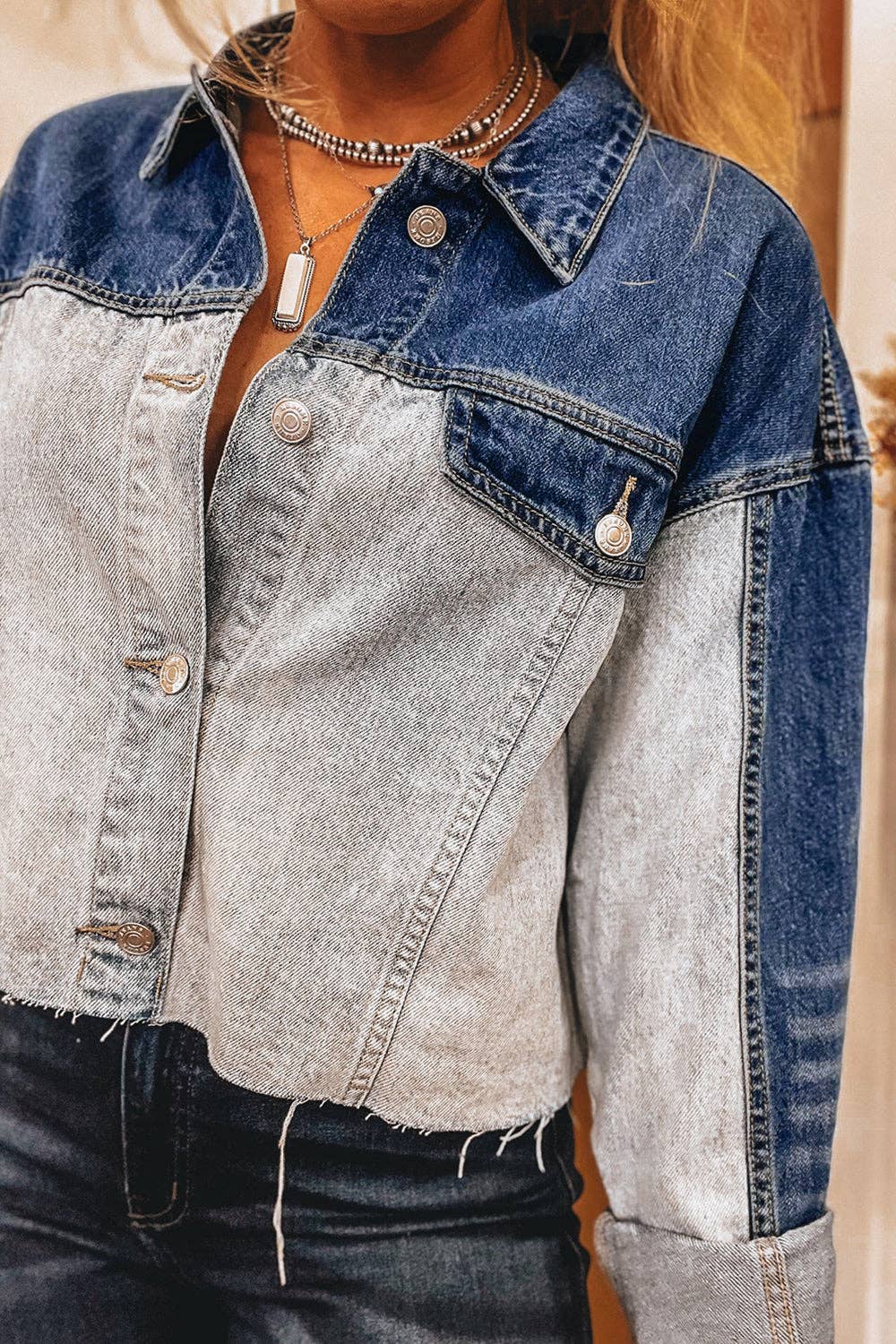 Denim Colorblock Buttoned Fall Jacket