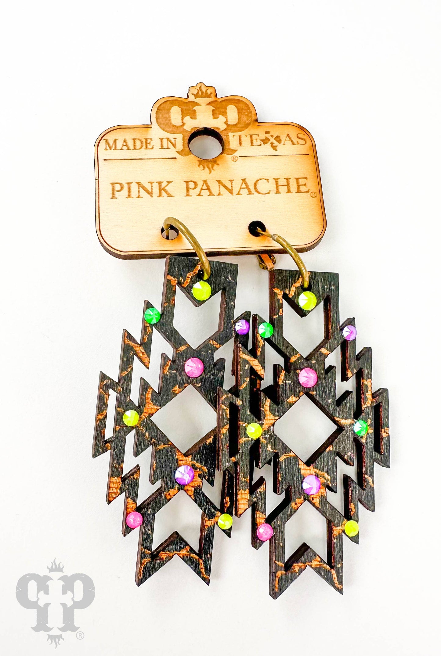 Wood Aztec shape earring with Austrian crystals