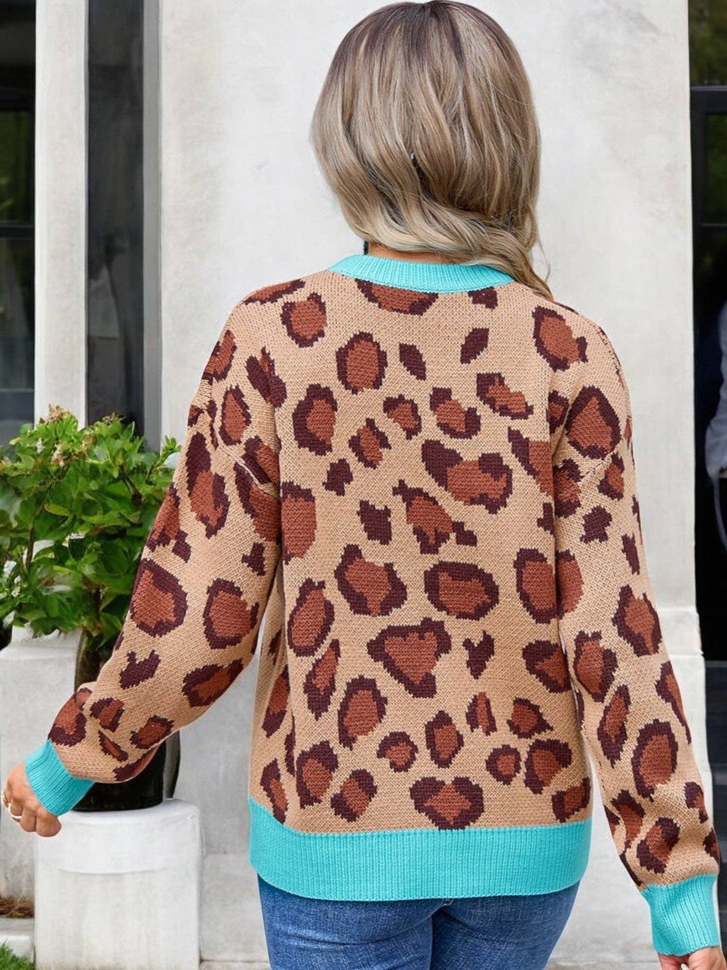 Long Sleeve Leopard Print Knit Sweater with Contrast Trim
